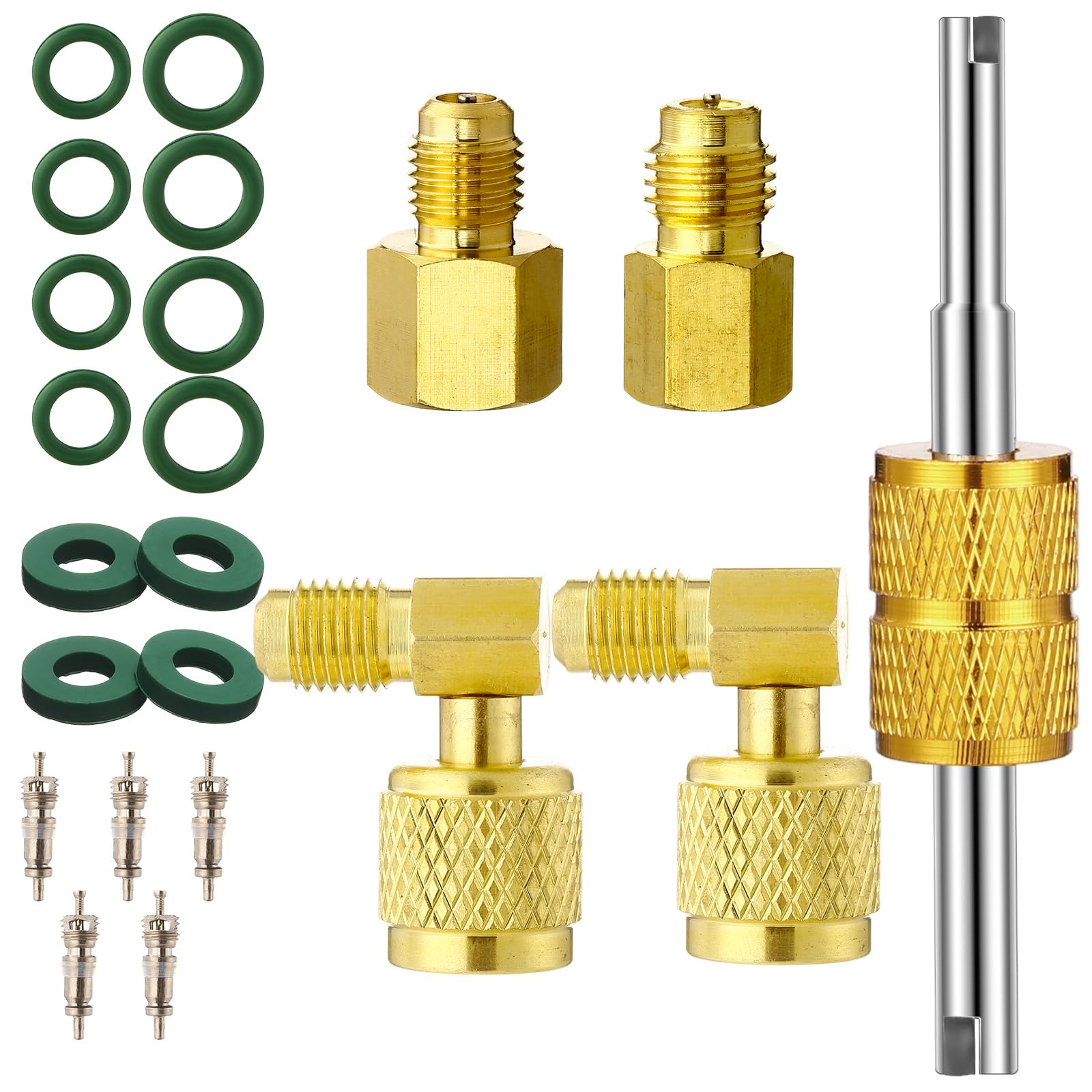 JaGely 18 Pcs R32 R454b A2l Adapter Kit Split R134a Fitting Adapters 1/2 to 1/4 and 1/4 to 1/2, 454B A2L Adapter 1/4 LH to 1/4 R