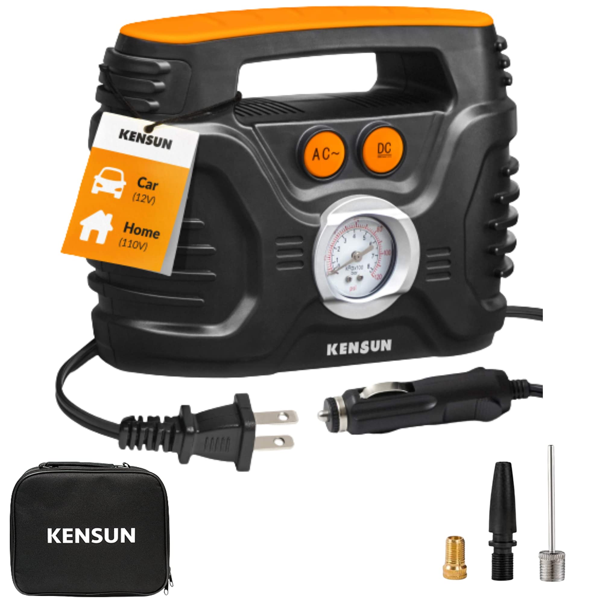 Kensun Ac/Dc Power Supply Portable Air Compressor Pump With Analog Display To 100 Psi For Home (110V) And Car (12V), Tire Inflat
