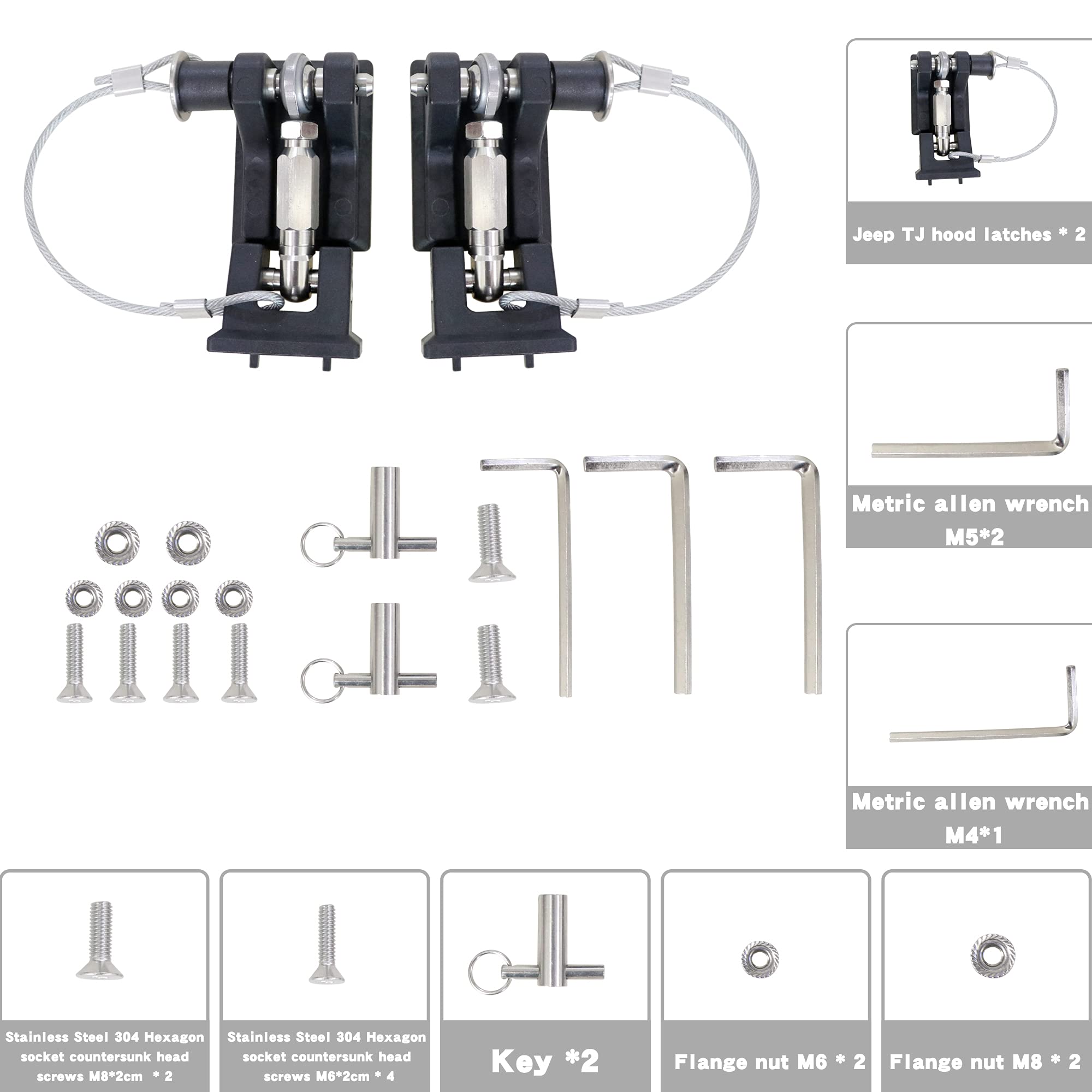 Sukemichi TJ Hood Latches for Jeep Wrangler 1997-2006, Locking Stainless Steel, Eliminates Hood Flutter, 1 Pair