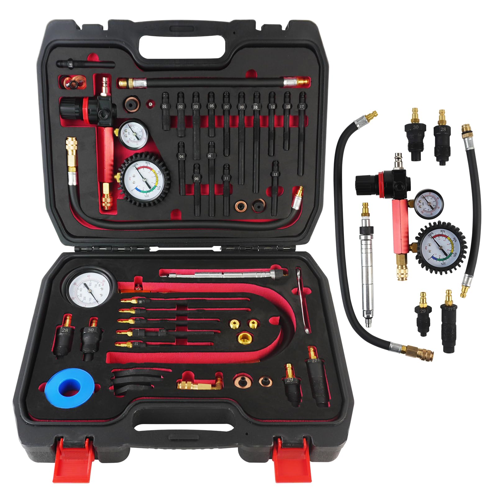 46-Piece Engine Compression Testers, Petrol & Diesel Cylinder Leak Down Tester Kit, Compression and Leakage Test Kit, Dual Gauge