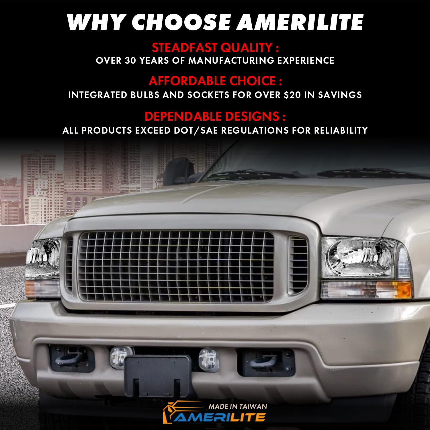 AmeriLite Chrome Headlights for 1999-2004 Ford Super Duty F-250/F-350/F-450/F-550 & Excursion - Driver & Passenger Side Pair