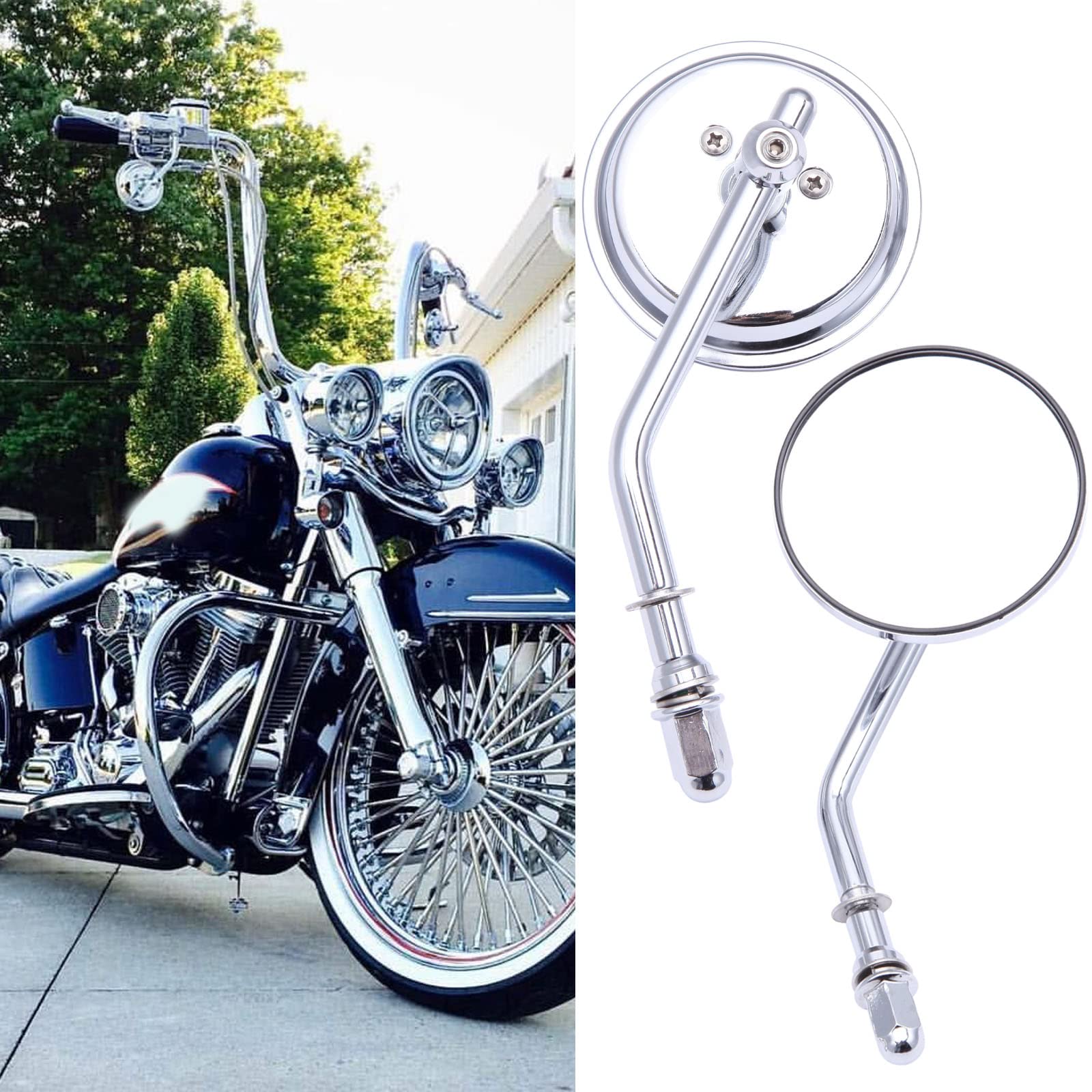 Rich Choices Chrome Motorcycle Round Sportster Mirrors, Iron, Model CB11016, Compatible with Harley Davidson Fatboy, Dyna, Road King