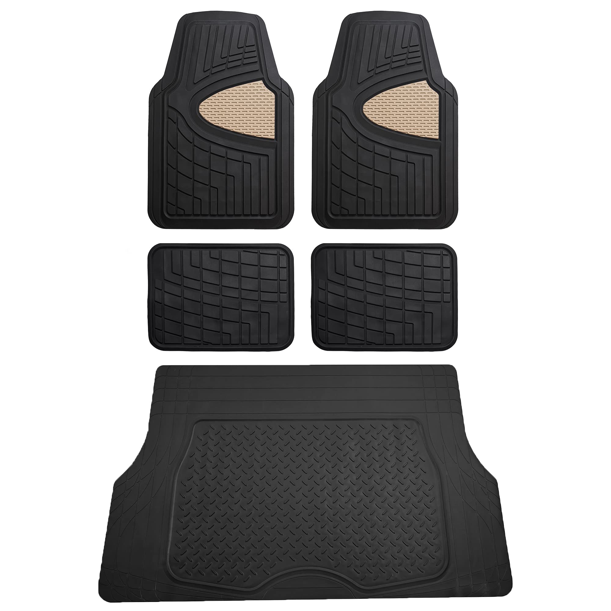 Fh Group Premium Liners Tall Channel Trimmable All Weather Rubber Full Set Car Floor Mats (Beige) W. Trimmable All-Season Cargo 
