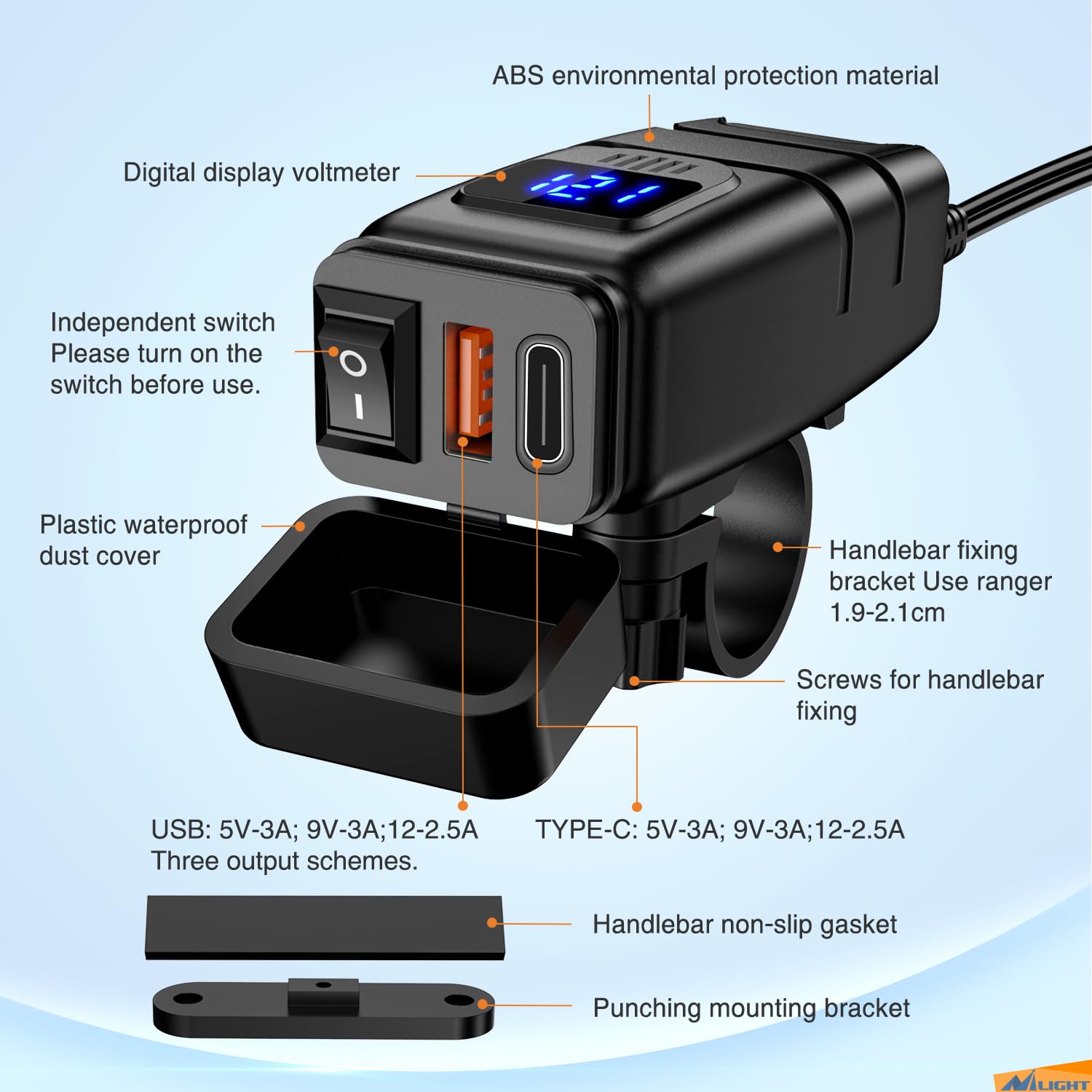 Nilight Motorcycle Usb Type C Port 12V Voltmeter Independent On Off Switch Sae Inline 10A Fuse Waterproof 6.8A Qc3.0 Fast Phone