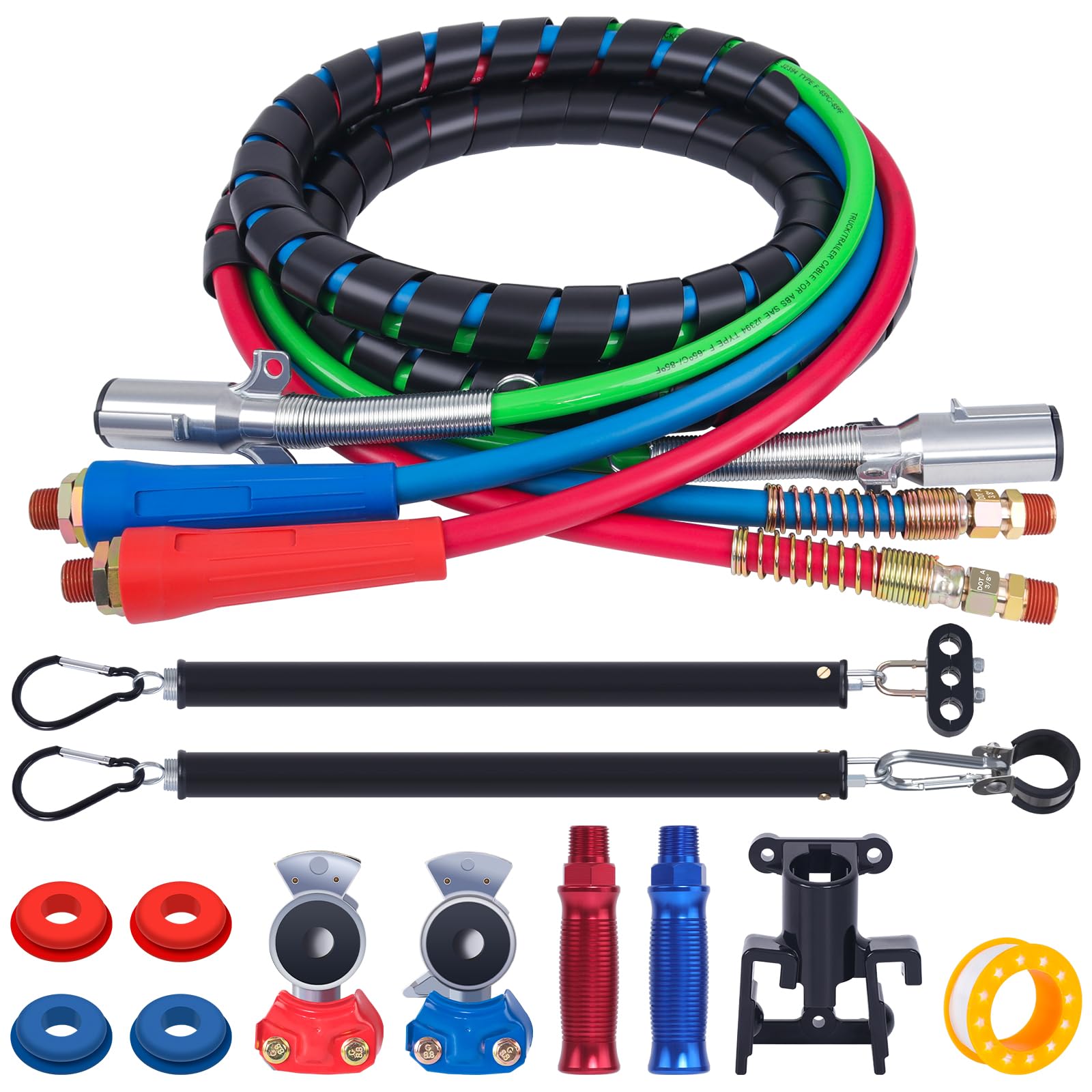 Cheemuii 12 Ft Semi Truck Air Lines Kit With 2Pcs 16'' Single Tender Spring Kit Gladhands With Gladhand Holder And Handles 3In1 
