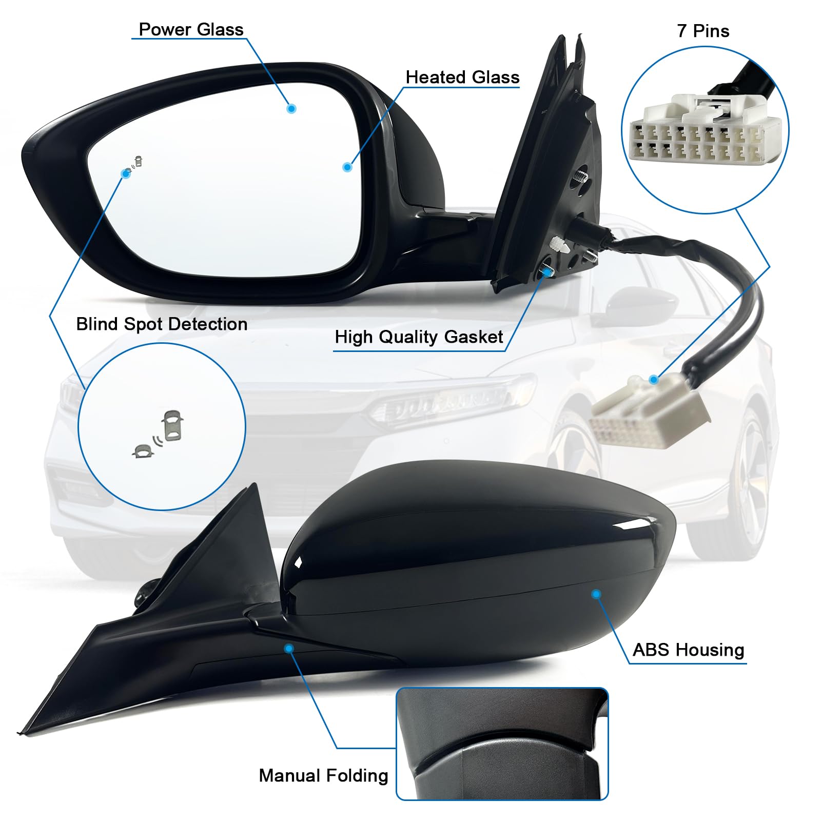 Lqito Left Driver Mirror for 2018-2022 Honda Accord, Power Glass, Heated, Black, 7Pins, Model HO1320329