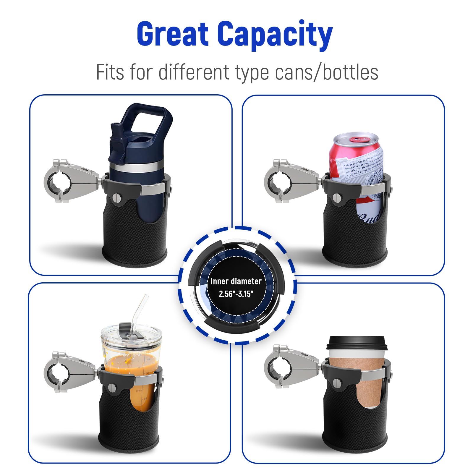 LEXIN LX-C3 Motorcycle Cup Holder, 360° Swivel, Large Size, Chrome Finish, Fits 7/8'' to 1 1/4'' Handlebar