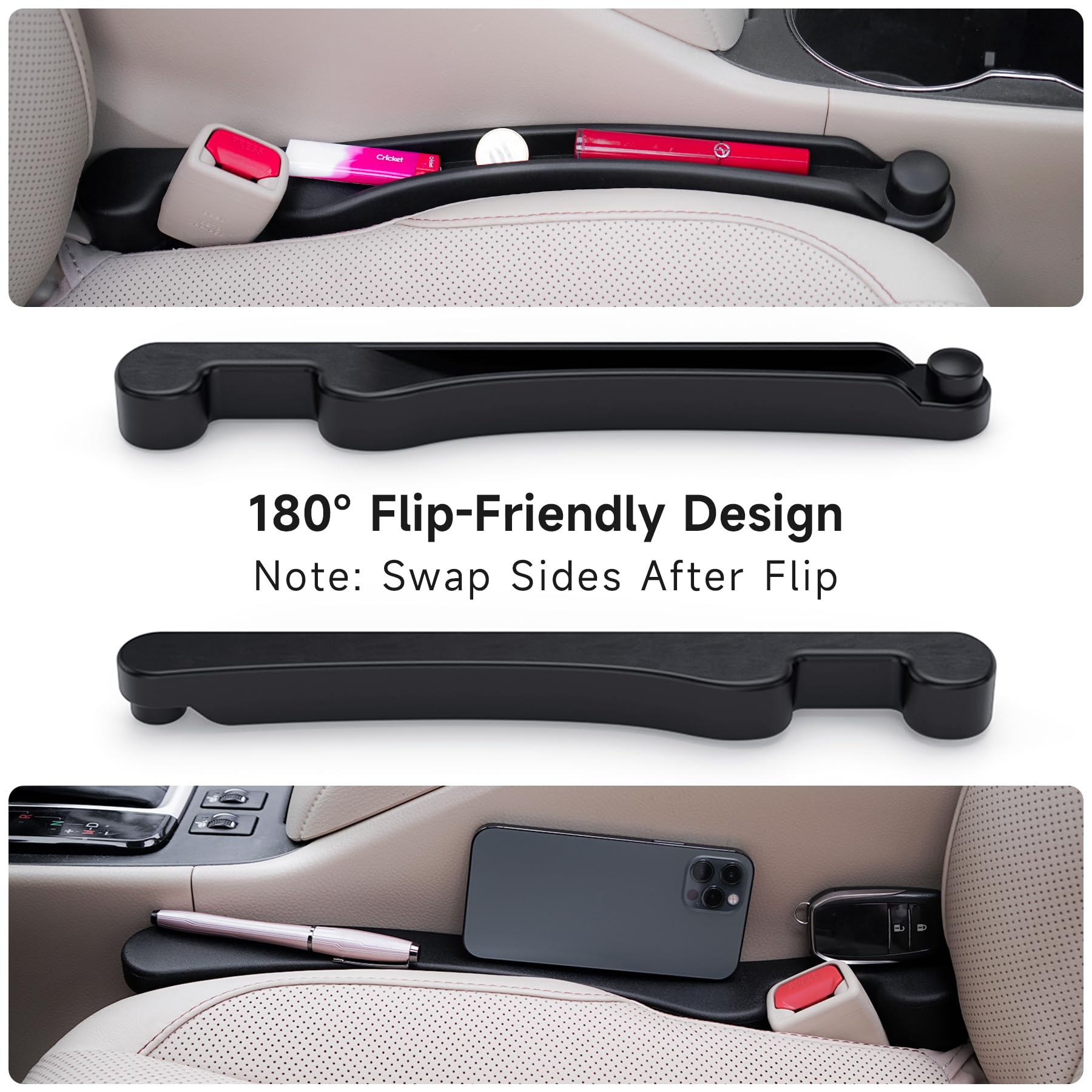 Givifive Car Seat Gap Filler Set of 2, Soft Foam, 3in1 Organizer & Hook, Black, Universal Fit for Cars, SUVs, Trucks
