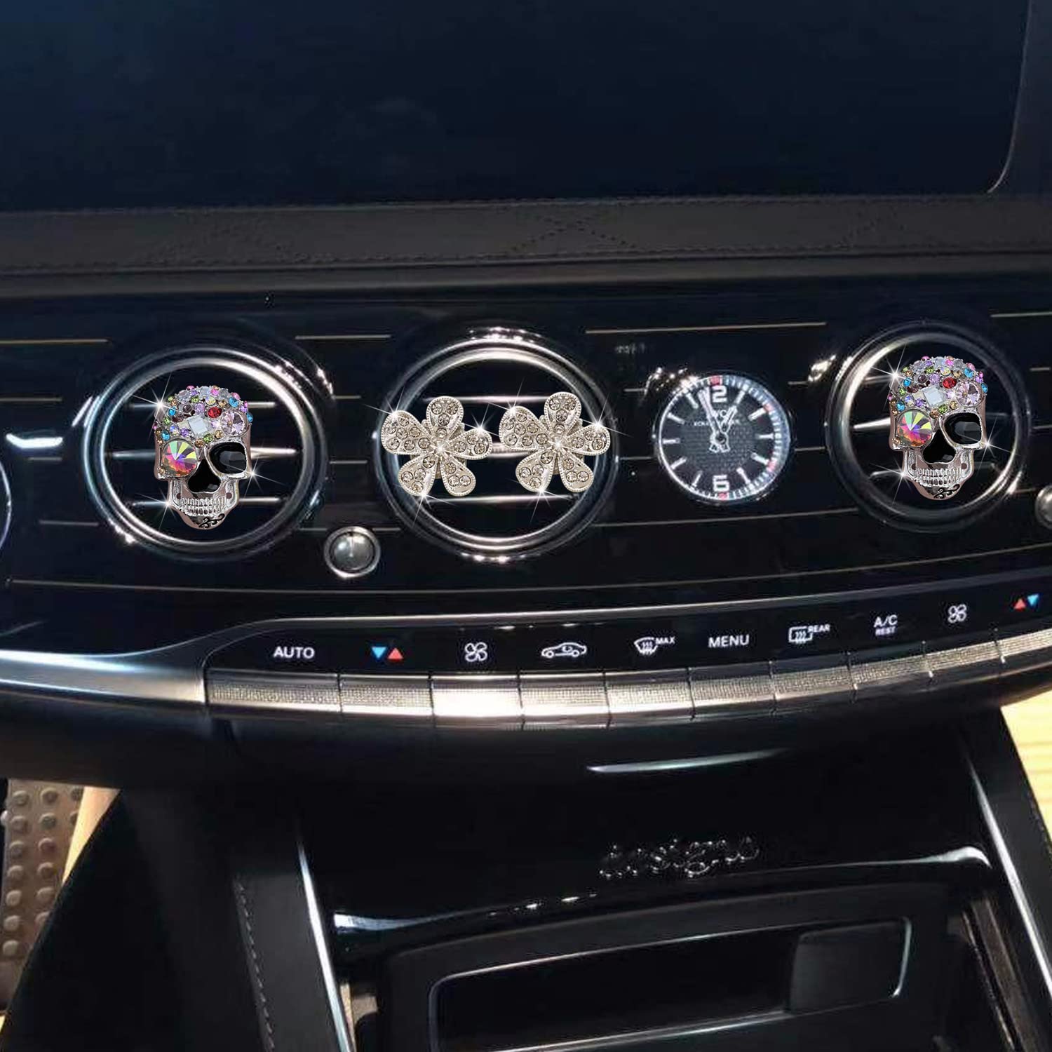 Bling Skull & Daisy Air Vent Clips, 4 Pcs Crystal Skull Car Air Fresheners Vent Clips Car Diffuser Vent Clip Rhinestone Diamond