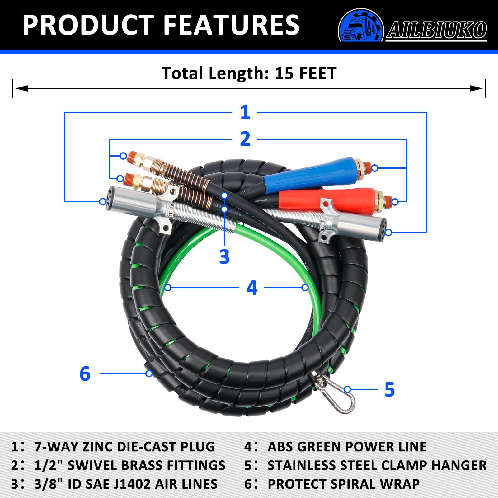 Ailbiuko Semi Air Lines Kit, 15FT 3-in-1 Airline Hose for Truck ABS 7 Way Electrical Cable with Glad Hands and Extra Gladhand Se