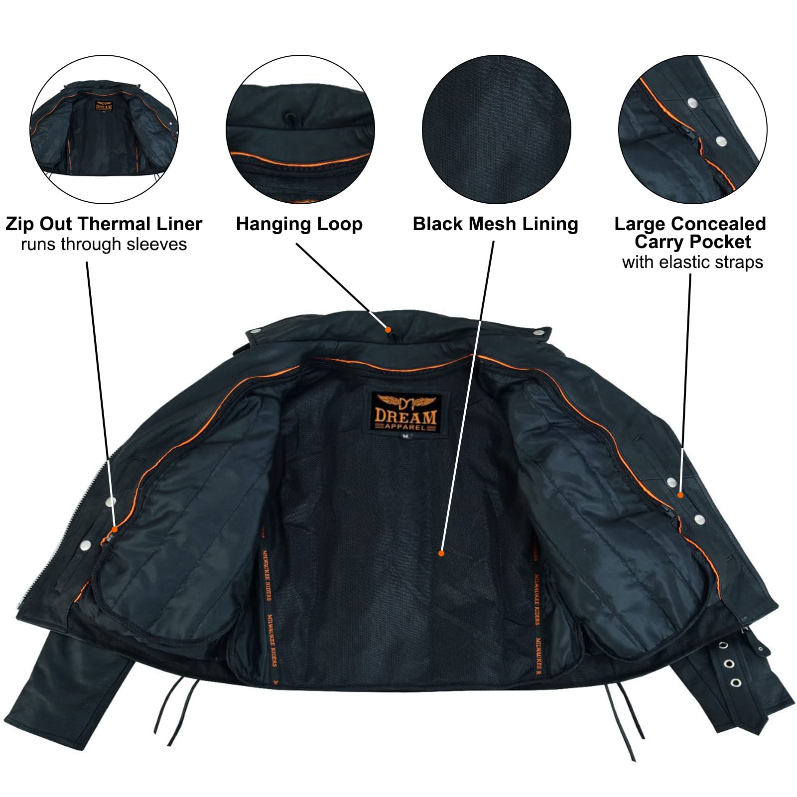 Dream Apparel Women’S Classic Leather Motorcycle Jacket With Zip Out Lining, Biker Jacket For Ladies With Side Laces (Black, Size 2Xl)