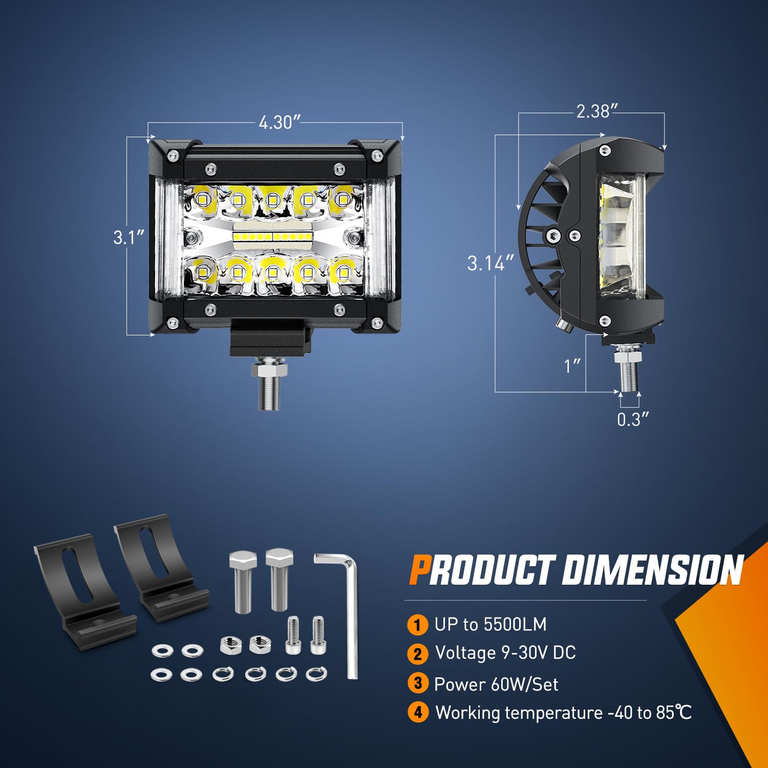 Nilight Side Shooter Led Light Bar 2Pcs 4.3 Inch Triple Row Spot Flood Combo Lights Led Work Light With 5Pin Rocker Switch Wirin