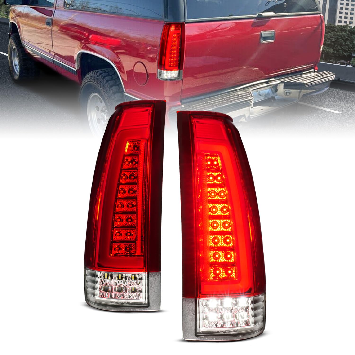 AmeriLite Full LED C-Type Tube Tail Lights Set for 1988-2000 Chevy GMC C/K Pickup Tahoe Suburban - Red - Driver & Passenger Side