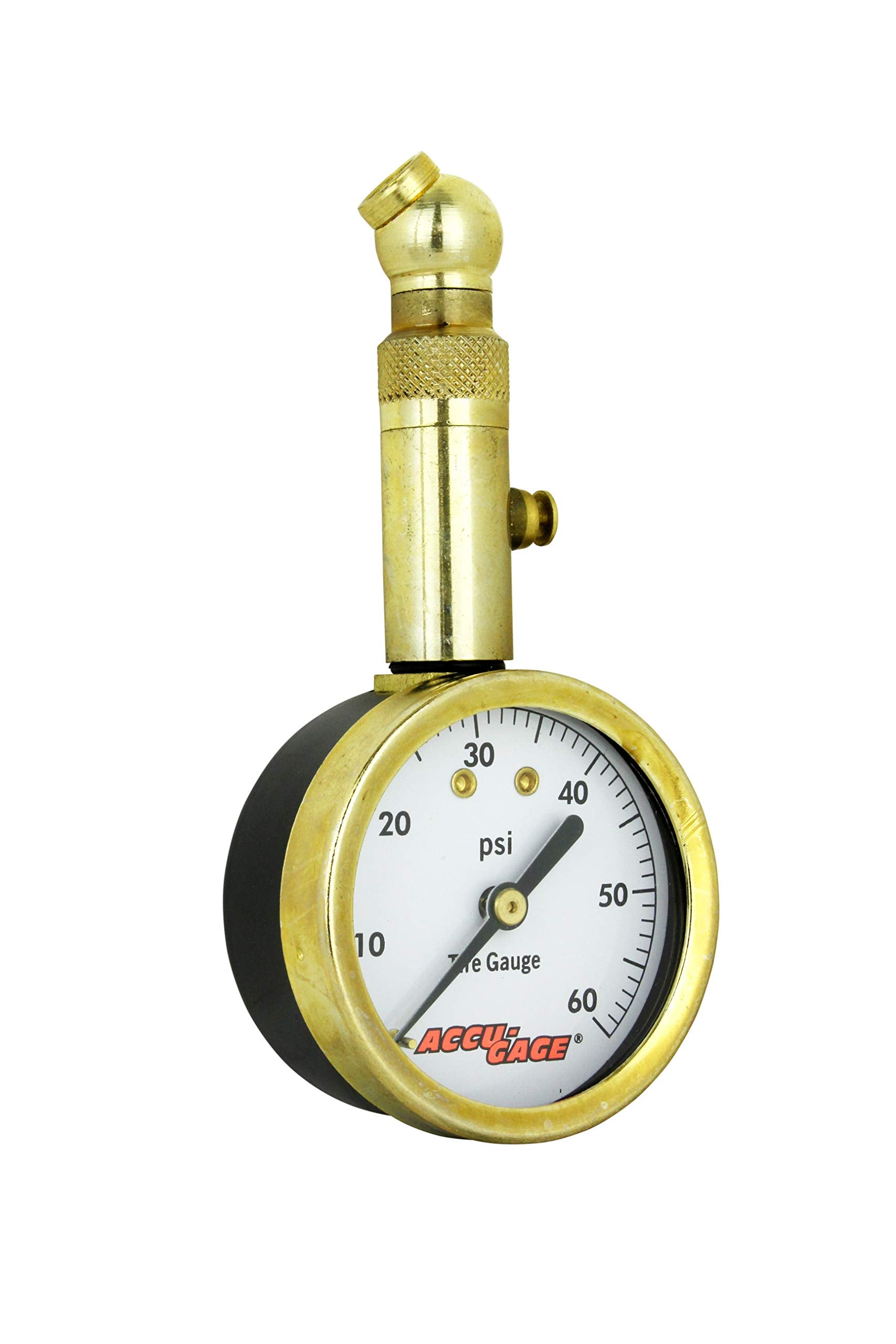 Accu-Gage Dial Tire Pressure Gauge - ANSI Certified, Swivel Angle Air Chuck, Steel/Brass, 0-60 PSI, Ideal for Motorcycle/Car/Truck Tires