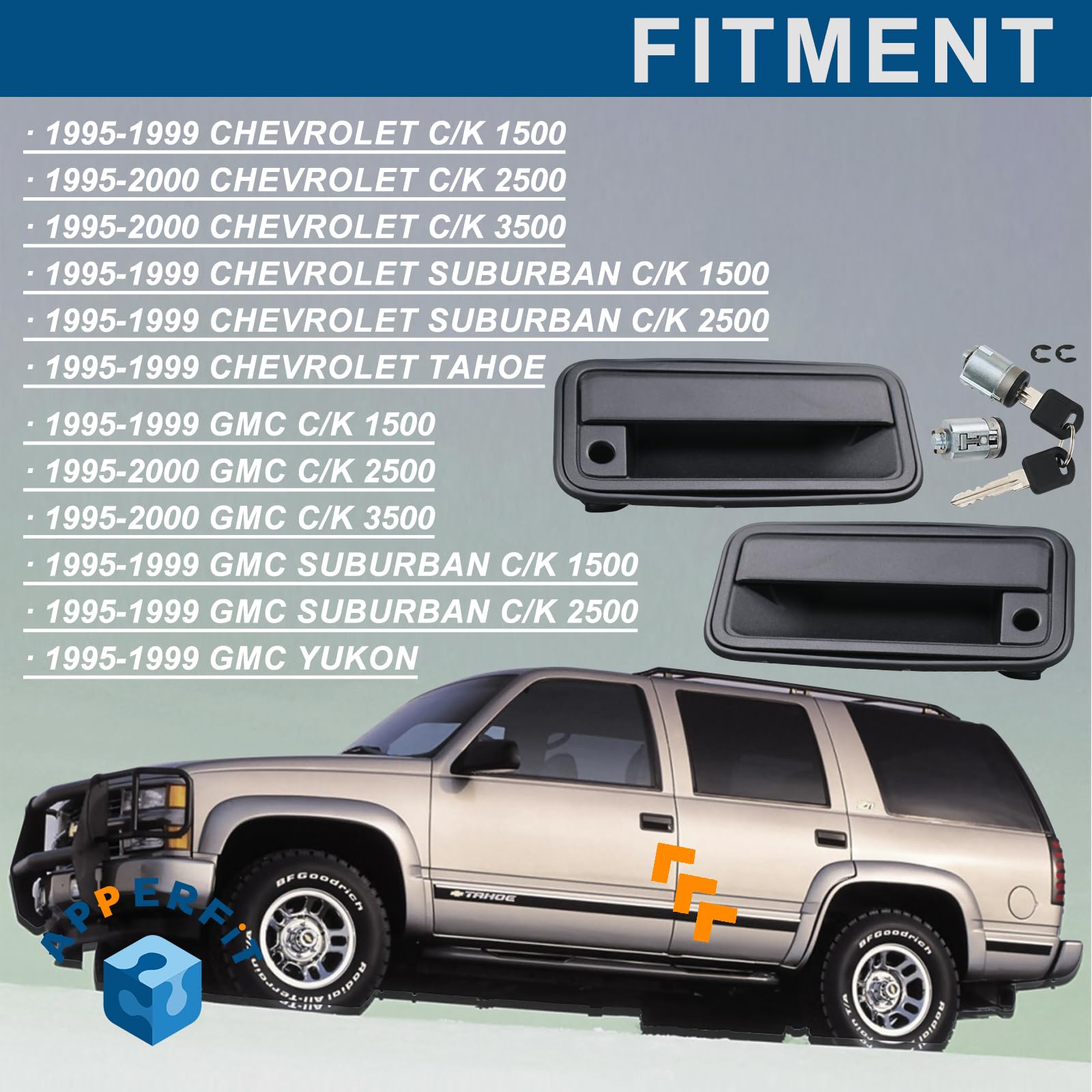 APPERFiT Metal Exterior Door Handles with Lock Cylinders & Keys, Front, Model DH080LK, Compatible with Chevy Tahoe, GMC Yukon