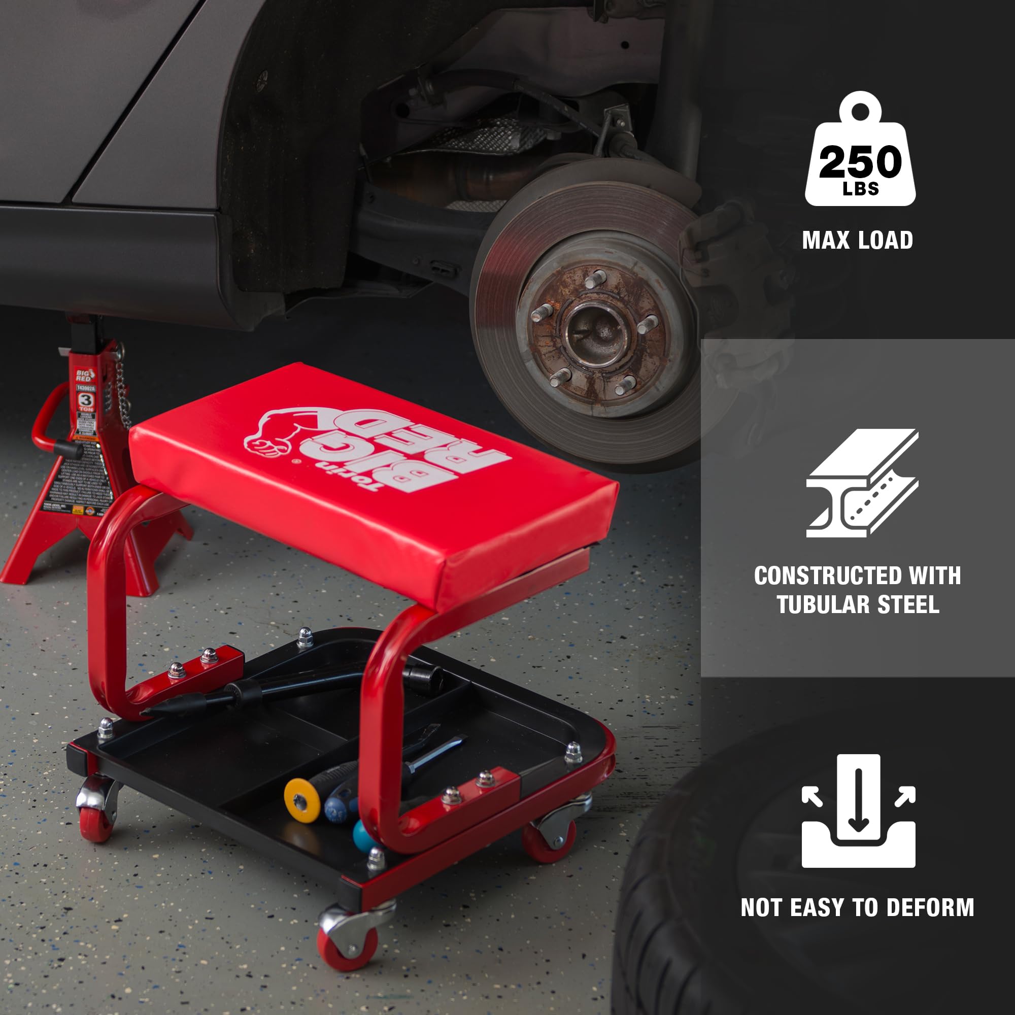 Big Red Torin 260Lbs Red Rolling Automotive Creeper Garage/Shop Seat: Padded Mechanic Stool With Tool Large Tray For Garages, Re
