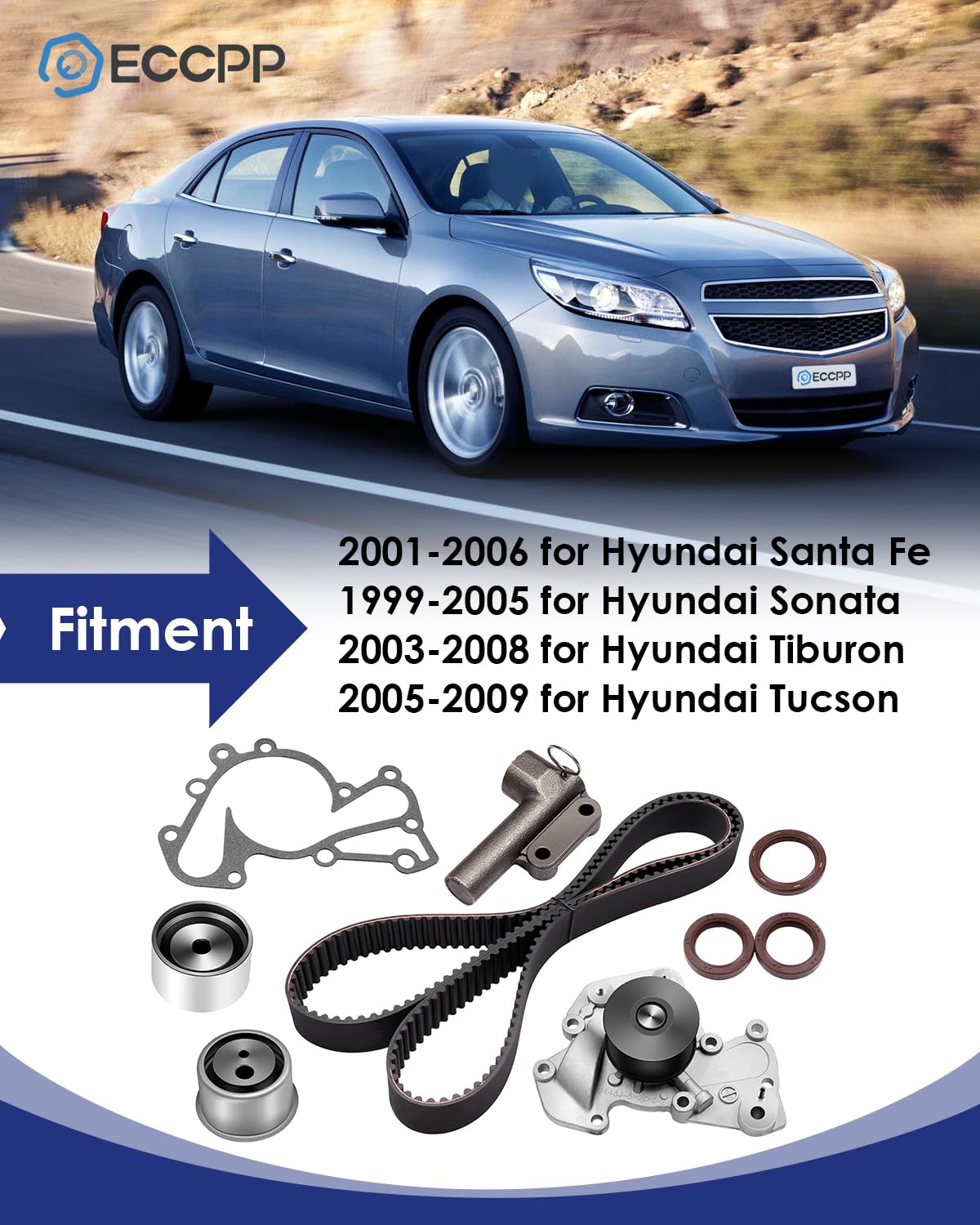ECCPP Timing Belt Water Pump Kit for 1999-2010 Hyundai Models - 207 Teeth Timing Belt + 9 PCS, V6 DOHC 24 Valve G6BA/G6BV Delta