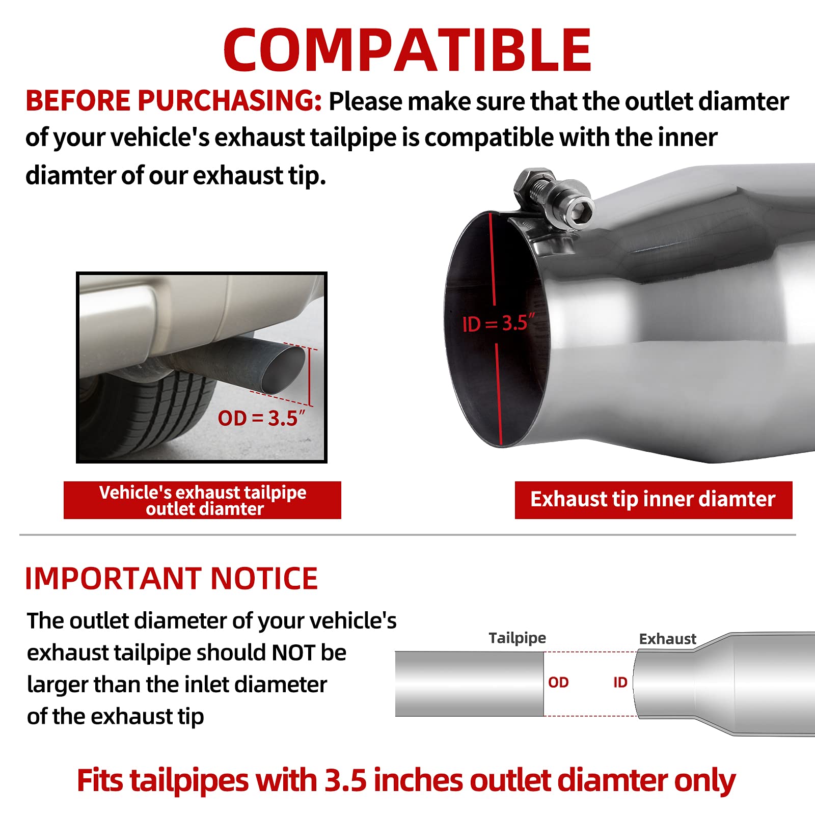 AUTOSAVER88 3.5" Inlet Black Exhaust Tip, 5" Outlet, 12" Length, Stainless Steel, Chrome-Plated Finish, Model HAAU2EuiP