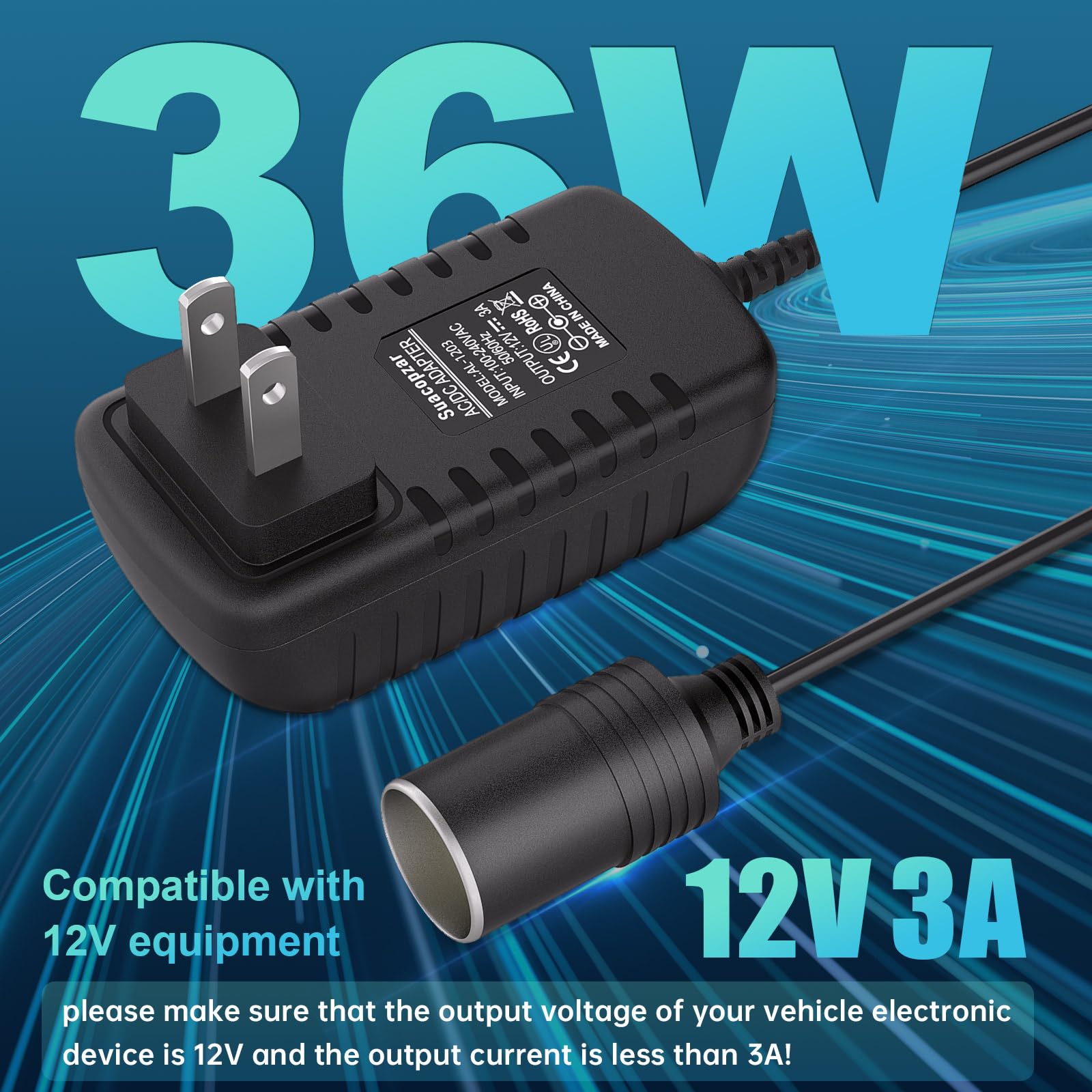 Suacopzar 12V 3A 36W AC to DC Converter Car Cigarette Lighter Socket (NOT for High-Power Device), AC 110-240V to DC 12V Power Su