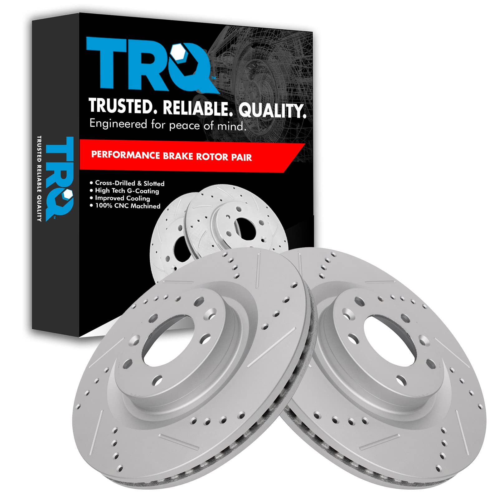 Trq Front Performance Brake Rotors Set Premium G-Coated Cross Drilled & Slotted Compatible With 2007-2015 Mazda Cx-9
