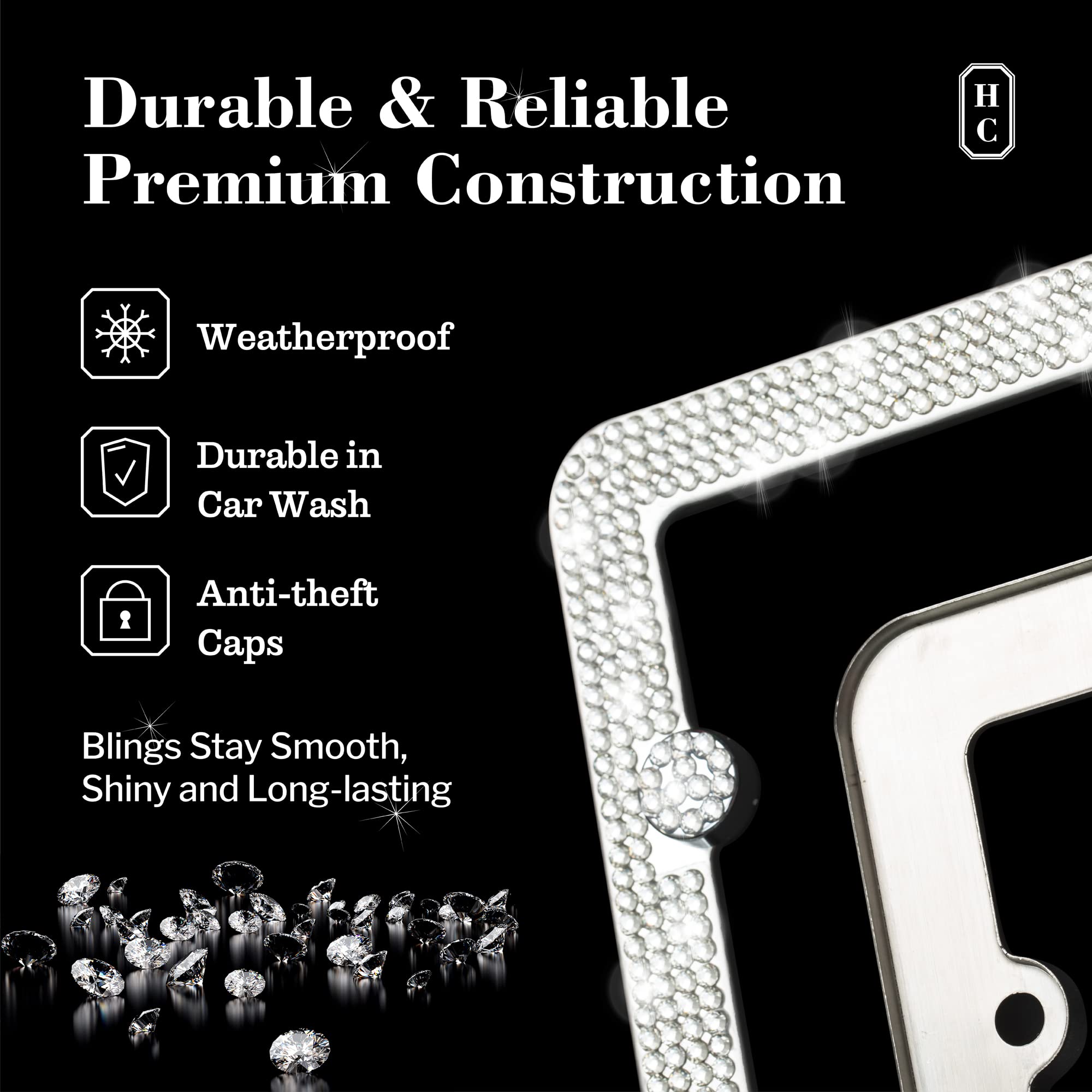 Handcrafted Rhinestone Bling License Plate Frames For Women, Men | 2 Pack Bedazzled Cover With Glittery Screw Caps | Stainless Steel Clear Crystal Sparkle License Plate Frame/Cover (Crystal)