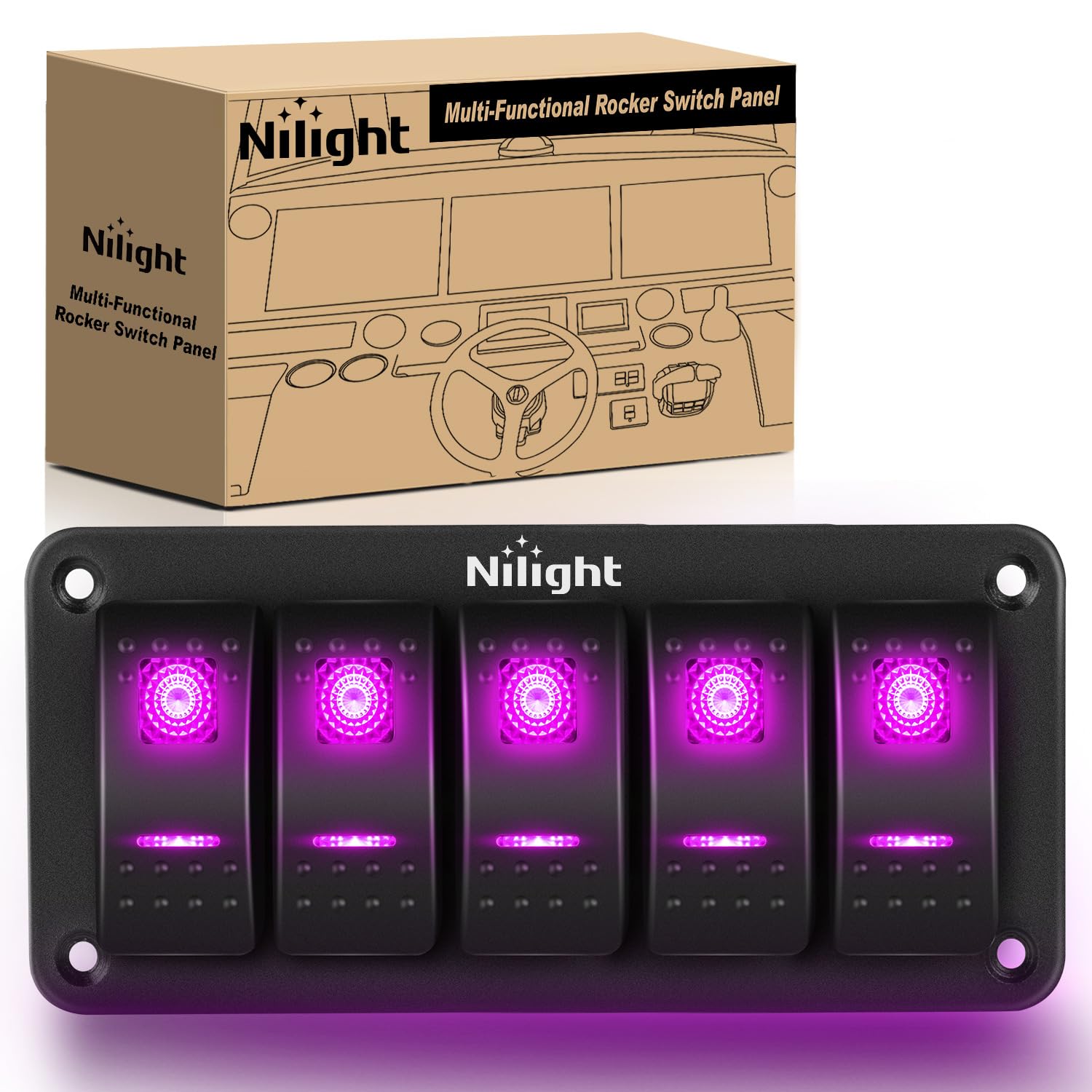 Nilight 5 Gang Rocker Switch Panel With Purple Led Light 5 Pin On Off Pre-Wired Rocker Switch Aluminum Panel Toggle Switch Panel