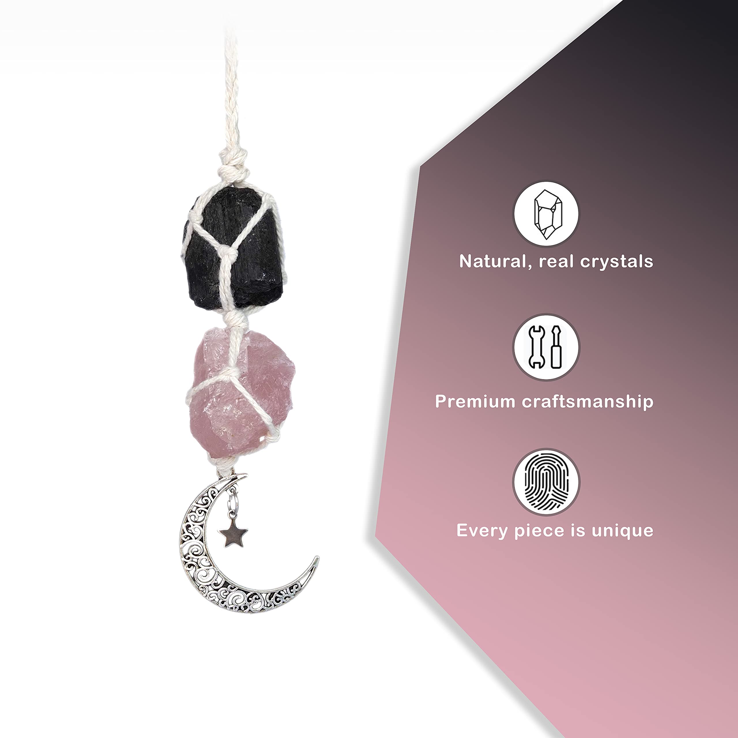 Boho Garden Hanging Car Charm - Black Tourmaline & Rose Quartz - Dangling Moon, Healing Crystal Accessories, Rearview Mirror Decorations - Grounding, Confidence, Protection, Love, Self-Worth, Energy