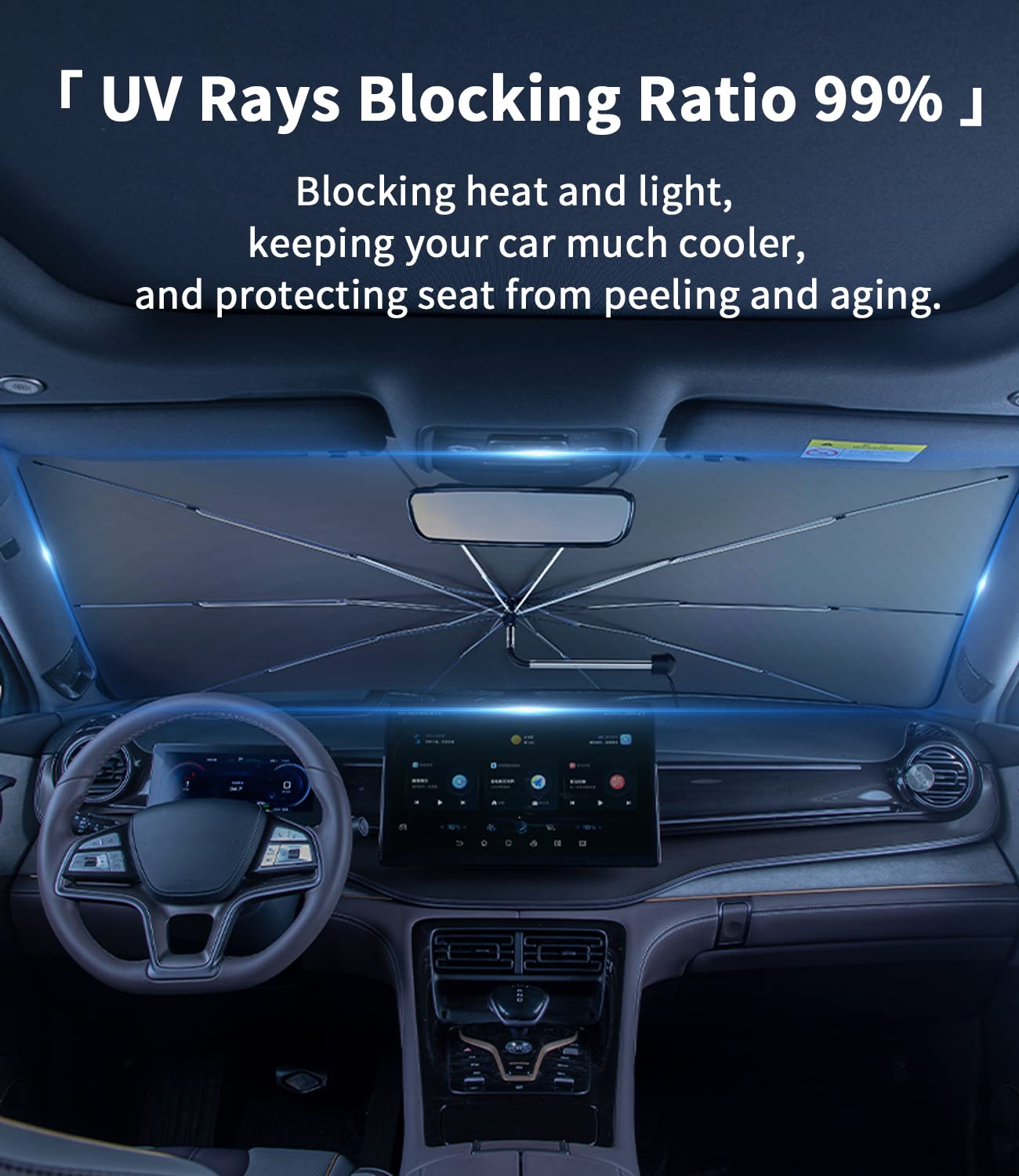 Custom-Fit for Cadillac Windshield Sun Shade Umbrella, UV Block Car Front Window with 360Rotation Bendable Handle, Designed for
