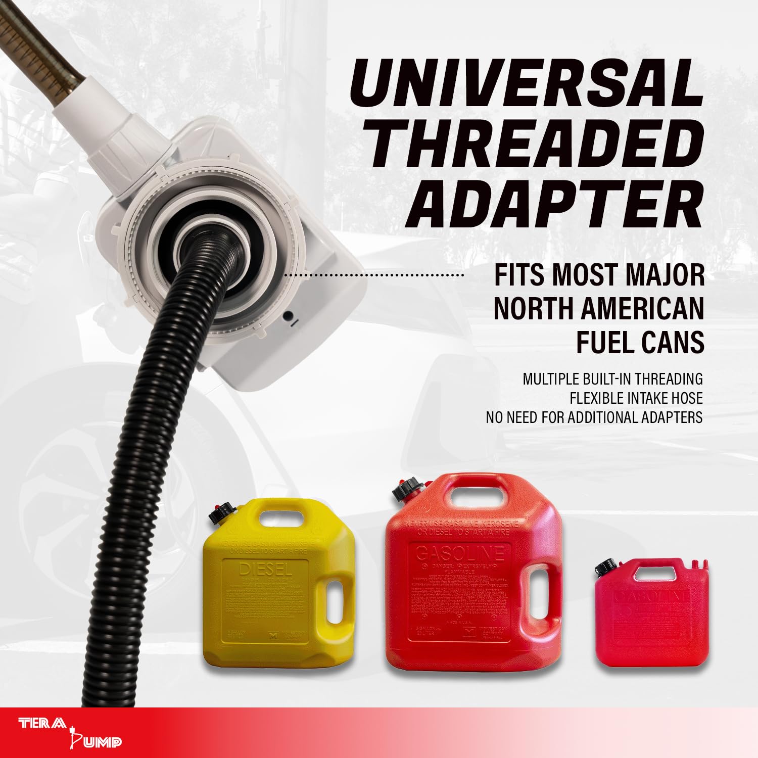 TERA PUMP TRFA03 Gas Can Adapter - Battery Powered Fuel Transfer Pump, 2.6 GPM, Red, 3.28 ft Hose, No Spill Sensor