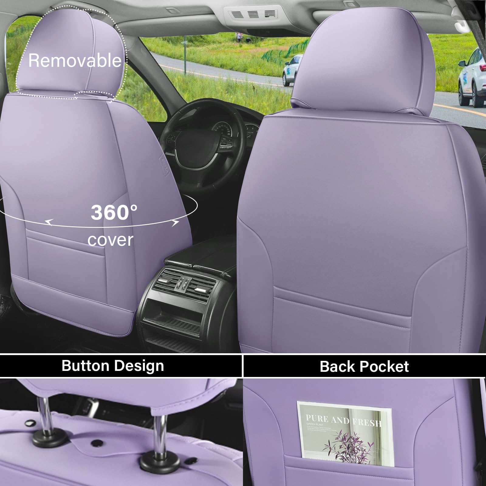 Coverado Car Seat Covers Full Set, Waterproof Leather, Universal Fit, Purple, Model 8805PU