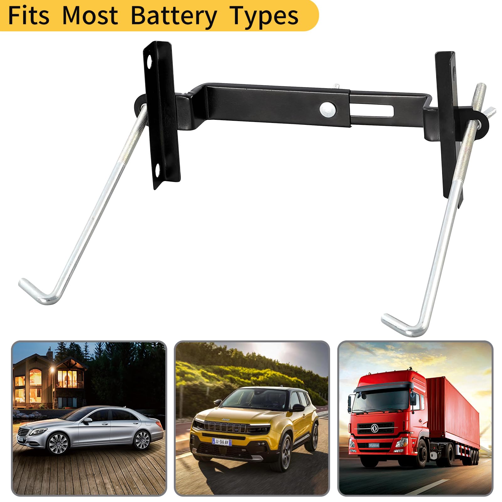 Car Battery Hold Down Kit, High-Strength Car Battery Crossbar with Heavy-Duty Clamps, Rust-Resistant Car Battery Holder with J-b