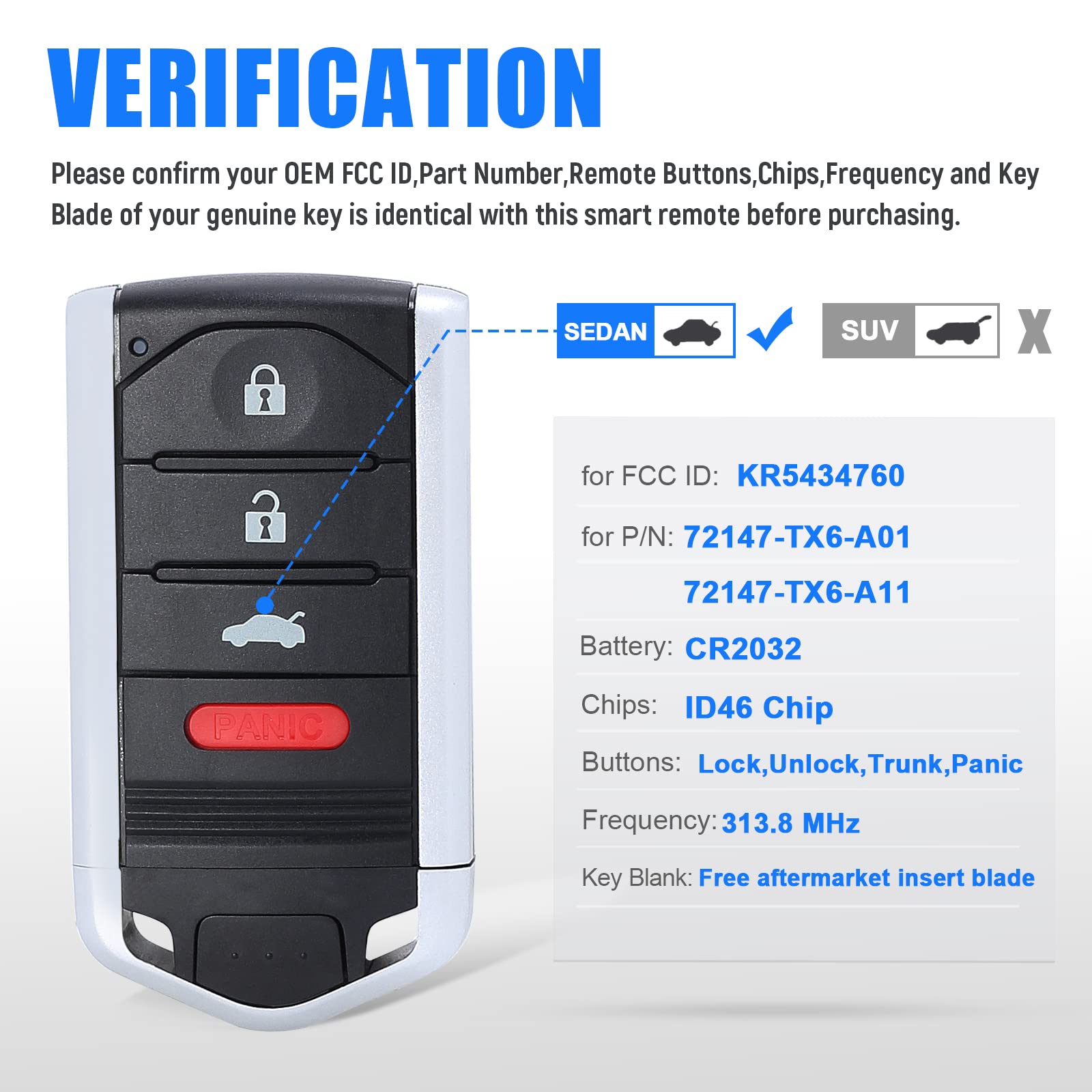 Keymall Car Key Fob Keyless Entry Remote Control For Acura Ilx 2013 2014(Fcc Id:Kr5434760 P/N:72147-Tx6-A01 72147-Tx6-A11) 4 Buttons