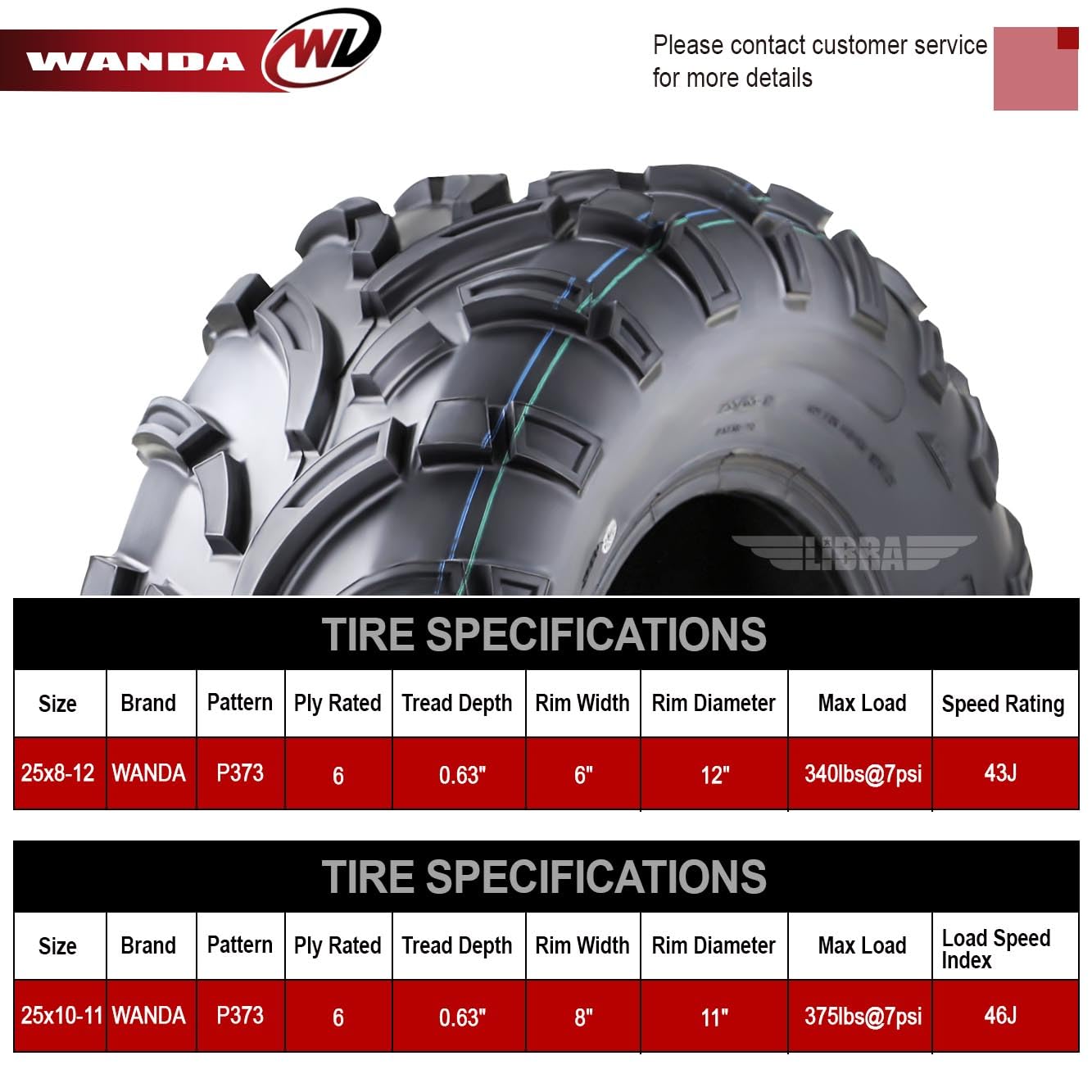 Wanda Utv Atv Tires 25X8-12 Front & 25X10-11 Rear /6Pr P373 Lit Mud