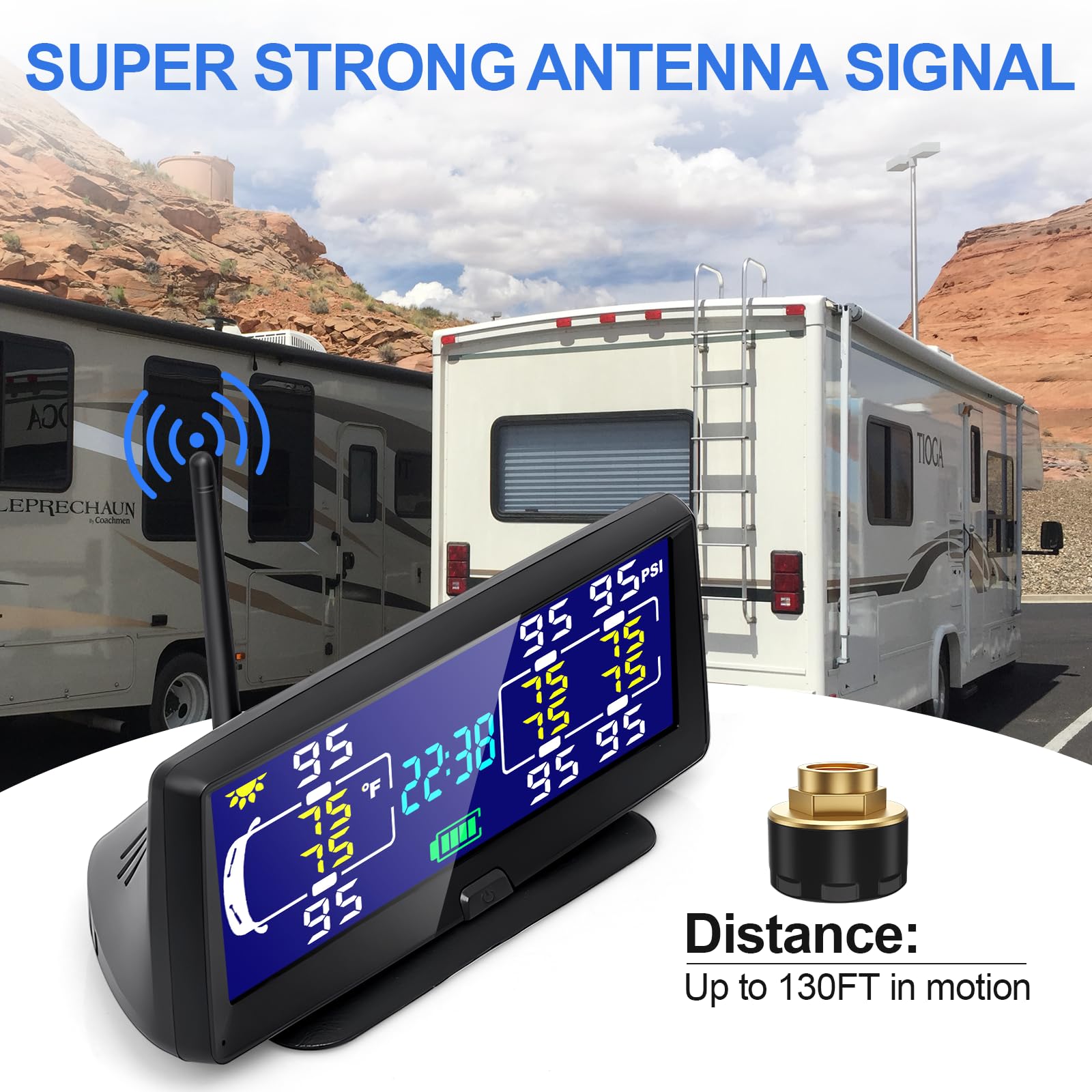 Hieha RV Tire Pressure Monitoring System, 7.84” Solar TPMS, 6 Sensors, Real-time Pressure & Temperature Monitoring, Model CZ-TYJC-4Tires