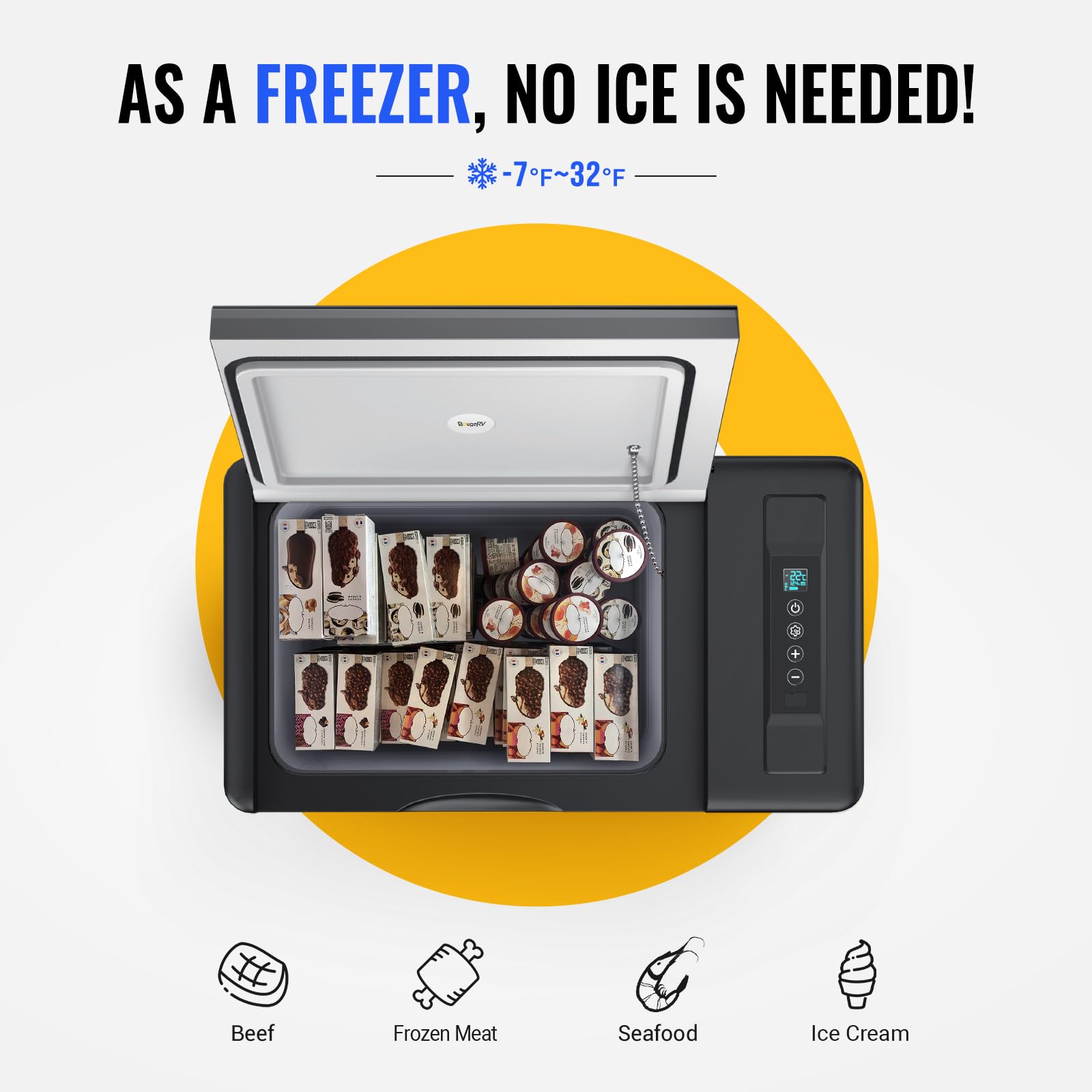 BougeRV 12V Car Refrigerator 23 Quart Portable Freezer Cooler -7℉ to 50℉ Black Model CR22 for RV, Truck, Boat, Camping