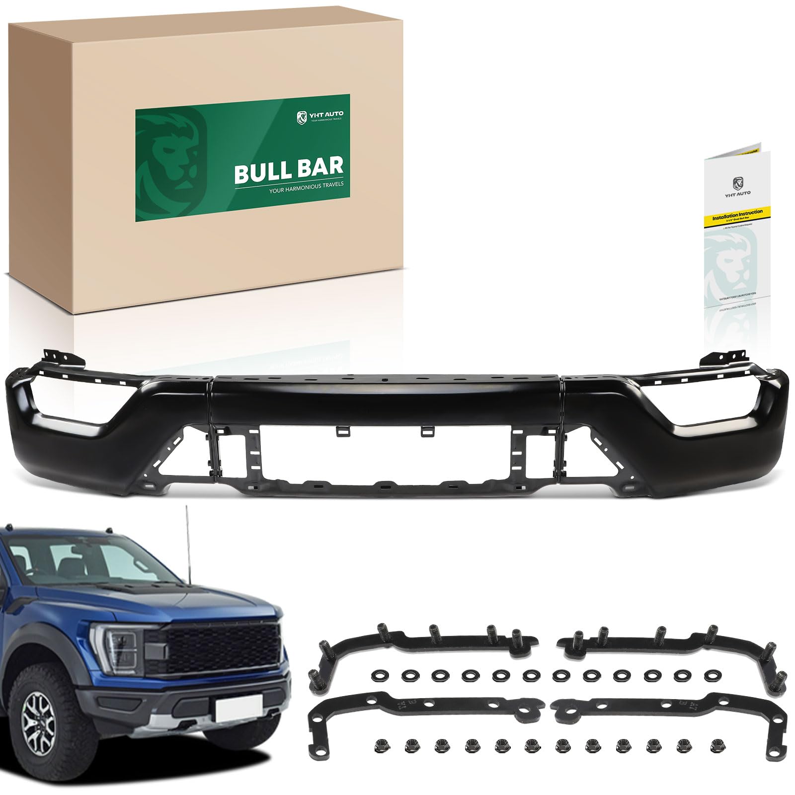 YHTAUTO Front Bumper Face Bar Compatible with Ford F-150 2021 2022 2023, w/Fog Light Holes, w/o Park Distance Sensors Holes, w/o