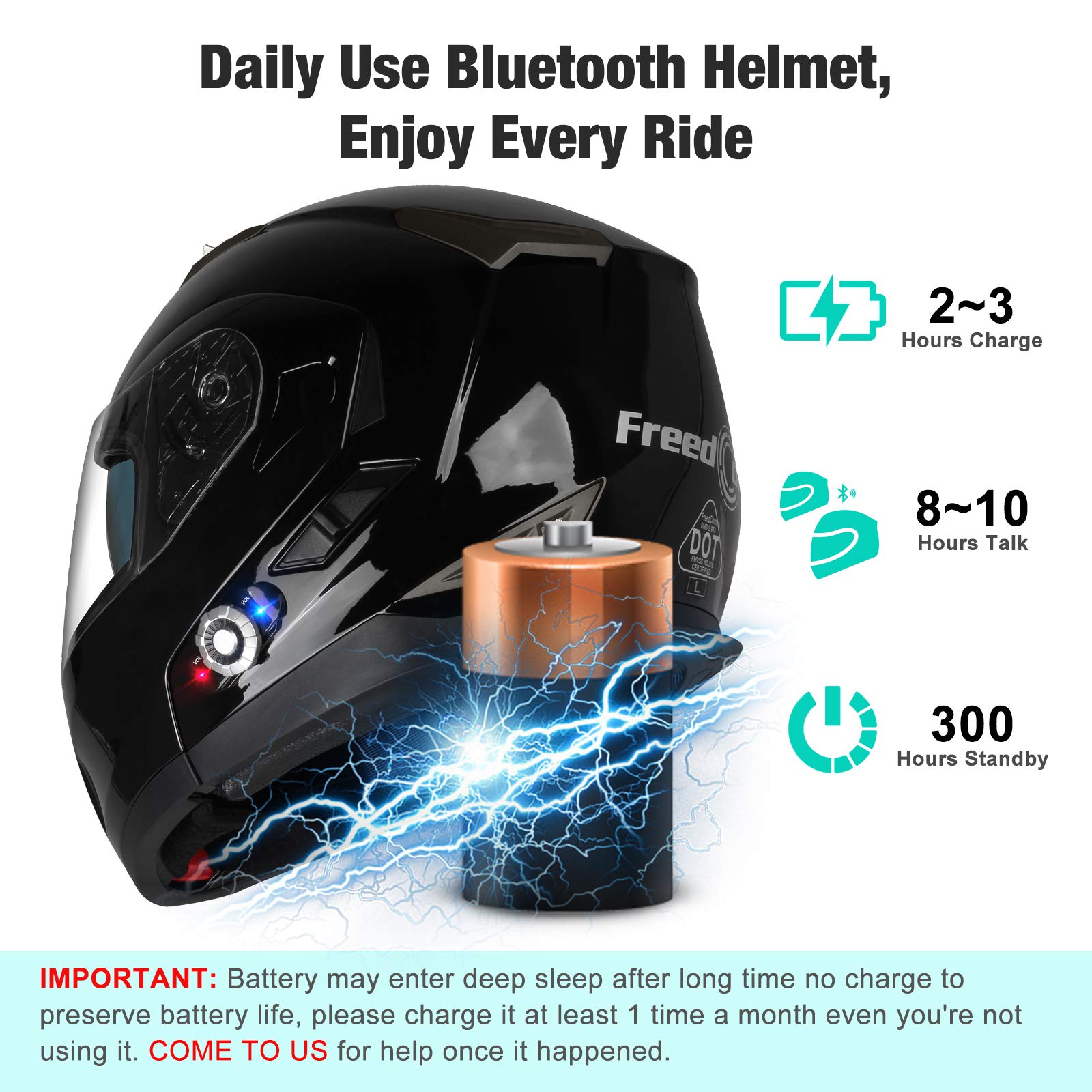 FreedConn BM2-S Bluetooth Motorcycle Helmet, X-Large, Gloss Black, Modular Design, 500M Connectivity, FM, DOT Certified