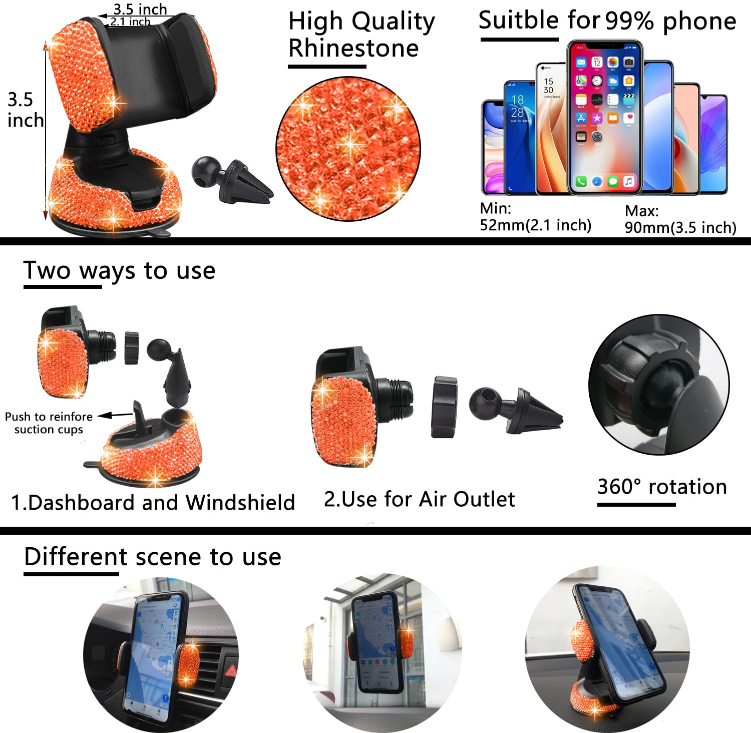 NBTEPEM 27 PCs Orange Bling Car Accessories Set, Universal 15" Steering Wheel Covers, Bling License Plate Frame, Phone Holder, Coasters