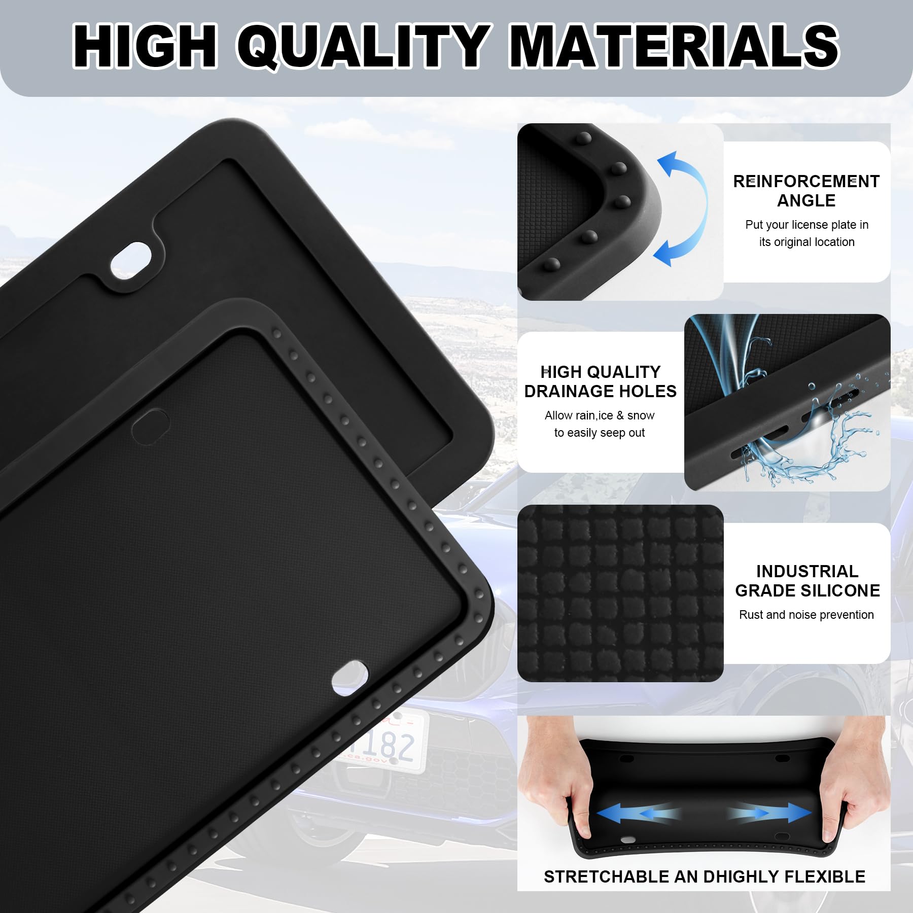 Livtee Silicone License Plate Frames Covers, 2 Pack Universal American Car Accessory License Plate Bracket Holder, Licence Plate Accessories - Black