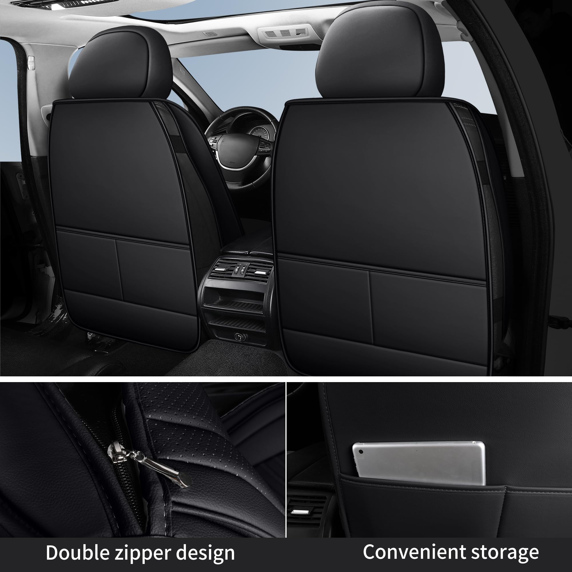 HChengkikz Car Seat Covers, Waterproof Faux Leather, 5 PCS Full Set, Black + Red, Universal Anti-Slip for Cars, SUVs, Trucks