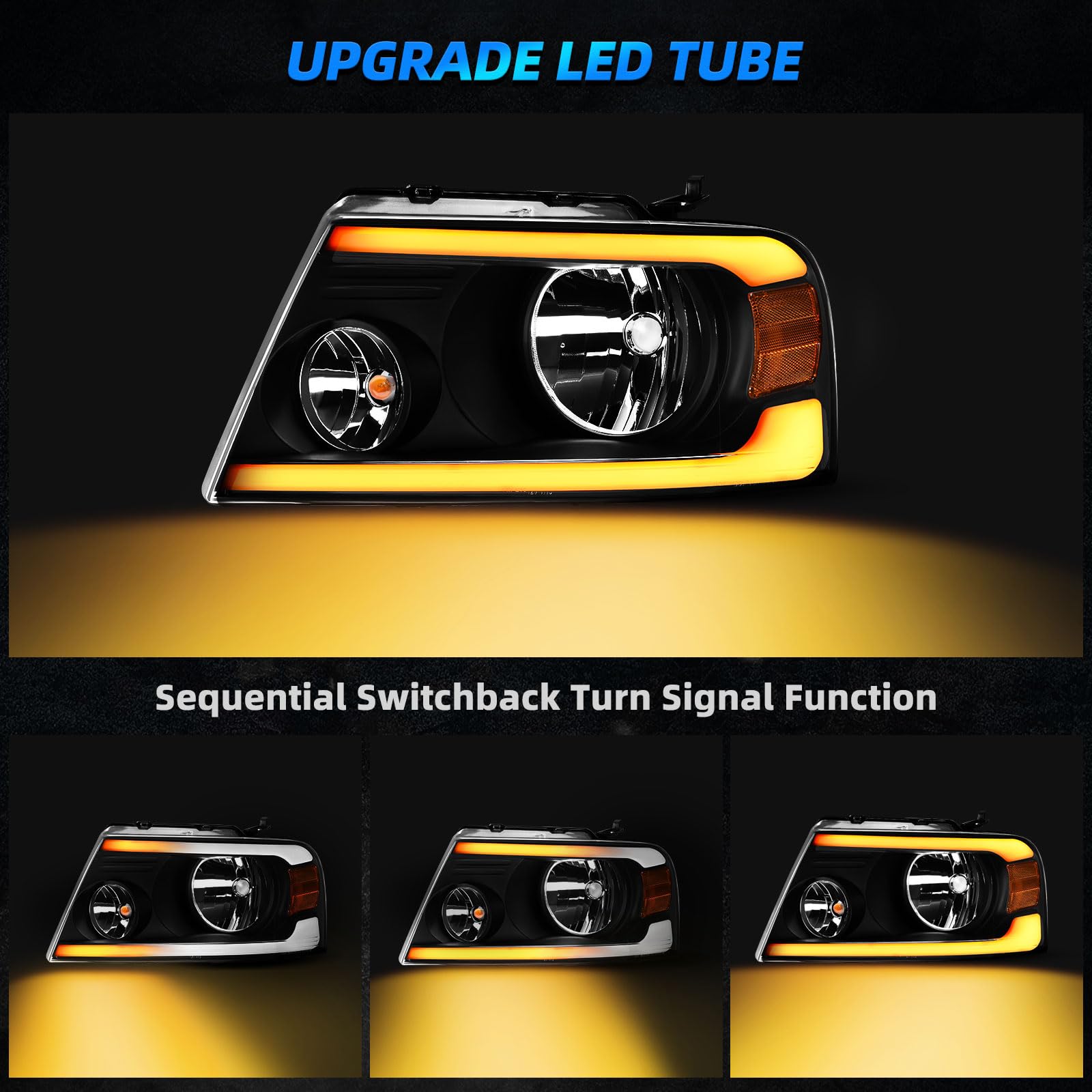 AUTOSAVER88 Switchback LED Headlights Assembly for 2004-2008 Ford F150, Black Housing with Amber Reflector, Driver & Passenger Side