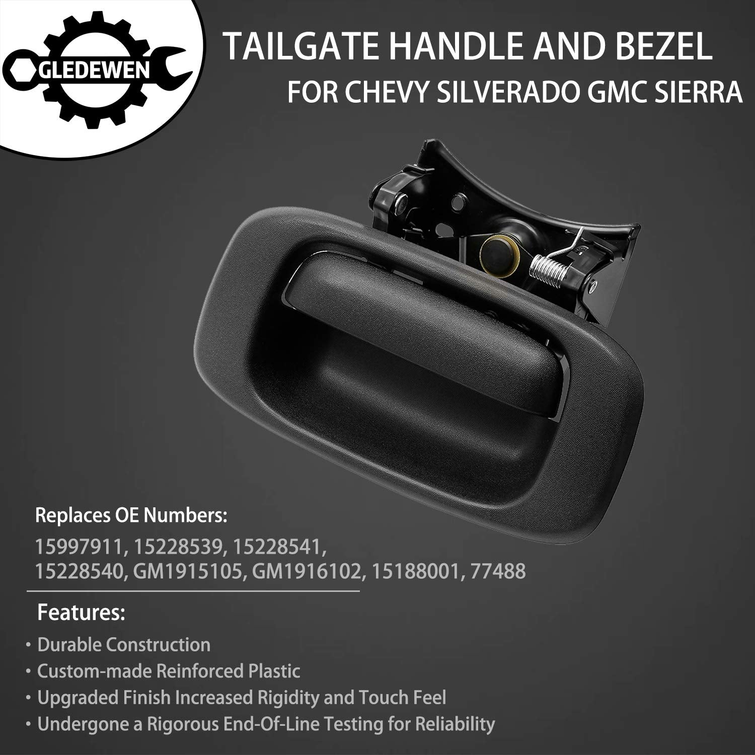 Gledewen Tailgate Handle Latch & Bezel Trim for 1999-2007 Chevy Silverado/GMC Sierra, Black, Plastic, Model GW-QMBS16