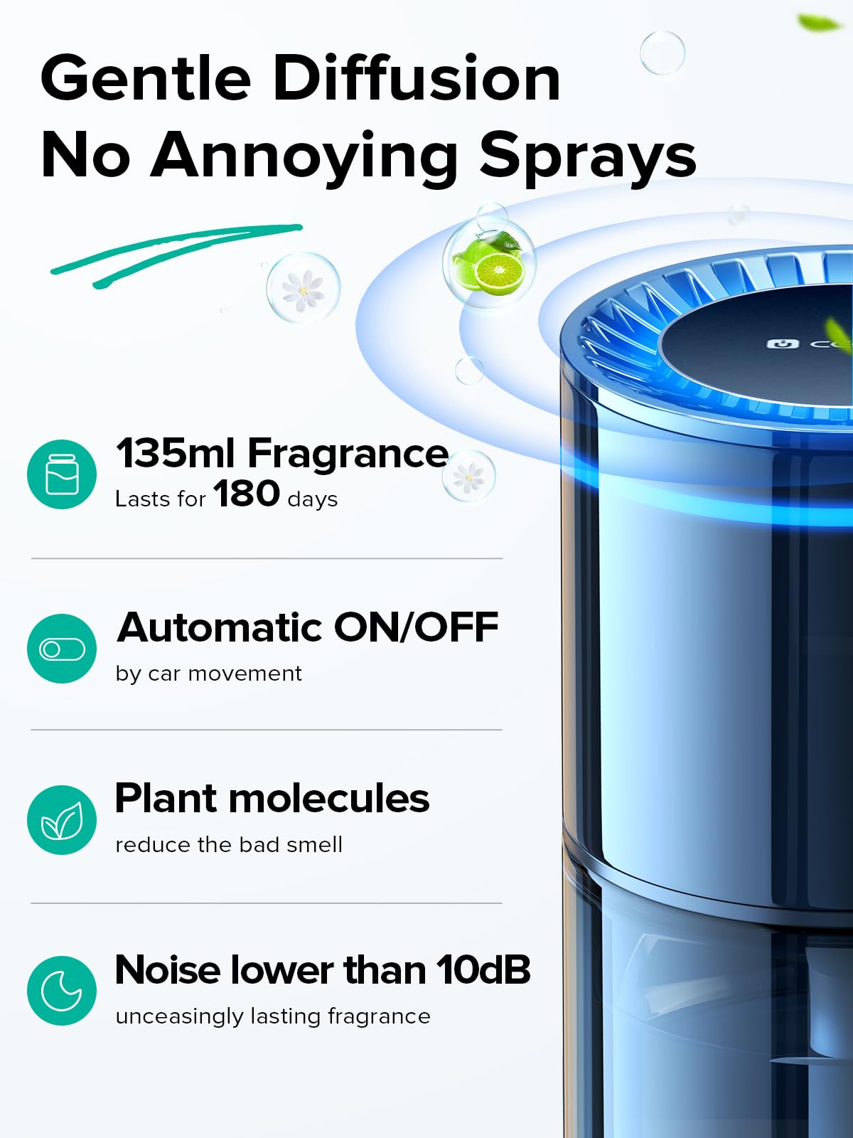 Ceeniu CF3 Smart Car Air Freshener, 135ml, Auto ON/OFF, Black Aluminum Alloy, Long Lasting Mint Ice Fragrance
