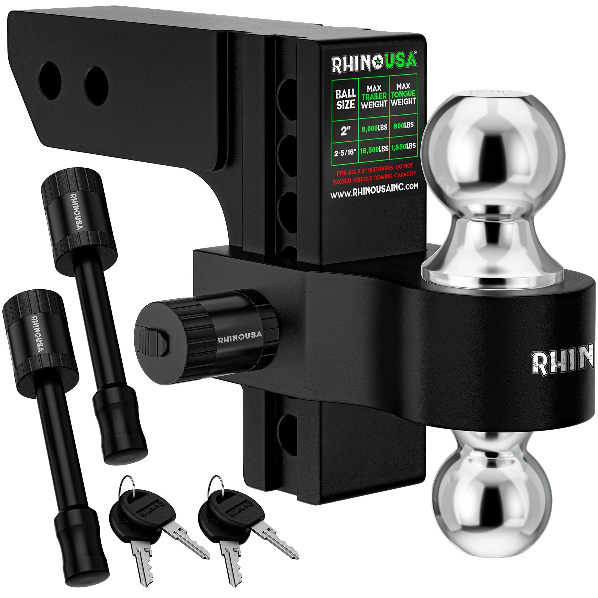 Rhino Usa Adjustable Trailer Hitch (2.5-Inch Receiver) - Heavy Duty Aluminum Tow Hitches With 8-Inch Drop/Rise For Truck (18,500