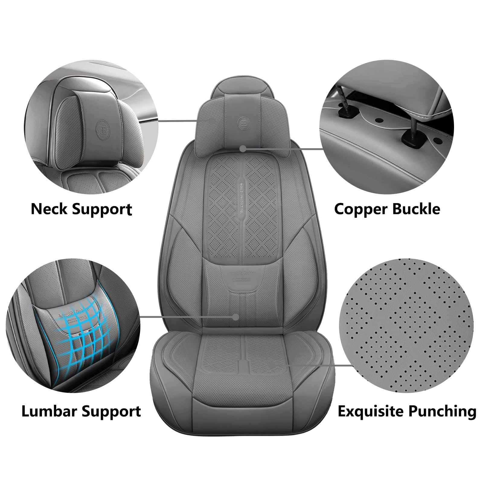 NS YOLO Full Coverage Faux Leather Car Seat Covers, Front Pair, Grey, Model MJ01 for Cars, SUVs, and Trucks