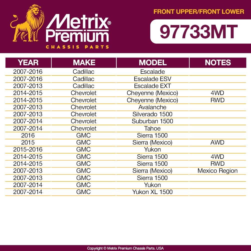 Metrix Premium Chassis Parts - 4 Pc Front L/R Upper Control Arm & Front Lower L/R Ball Joint Kit Fits 07-16 Cadillac Escalade, 0