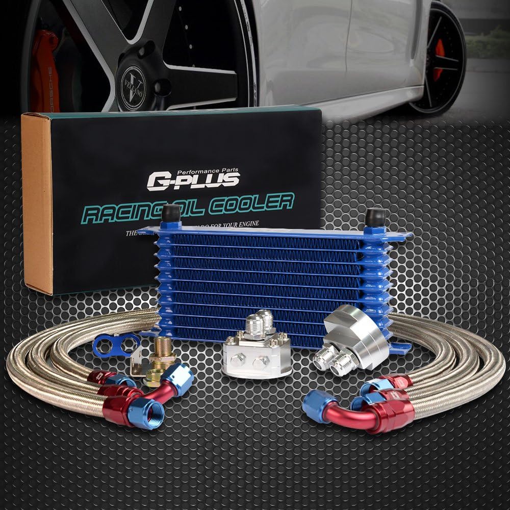 G-PLUS Universal 10 Row AN10 Engine Transmission Oil Filter Relocation Kit Silver Radiator Oil Cooler Condenser