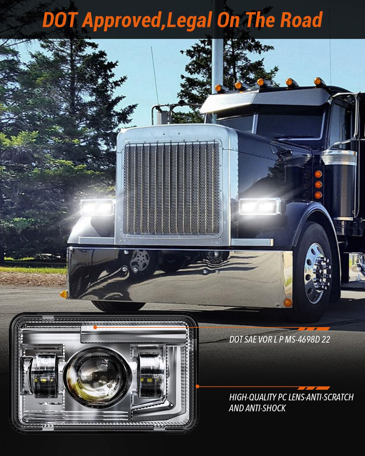 BICYACO LED Headlights 4x6 Inch Rectangular H4651 H4652 H4656 H4666 H6545 Silver Die-cast Aluminum Alloy Housing