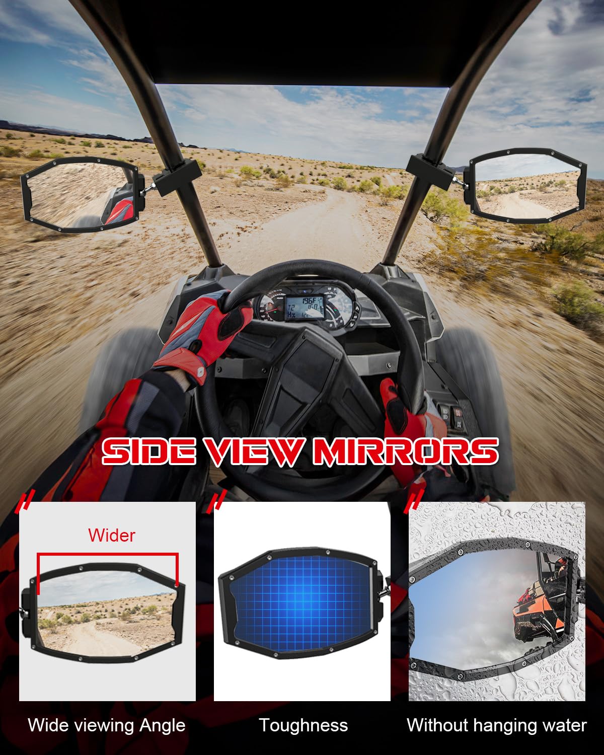 BraveWAY Side View Mirrors with Turn Signal & Work Lights for ATV/UTV, 1.75"-2", White+Amber(C-Bracket)