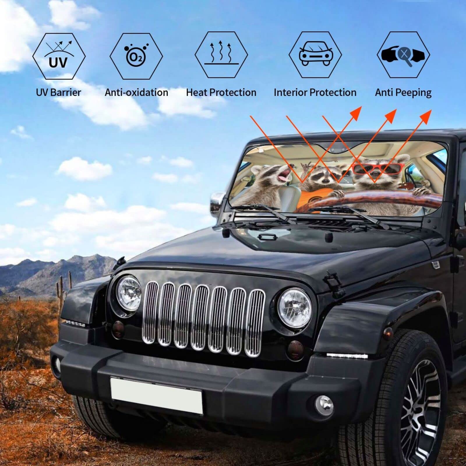 Begarm Three Funny Raccoons Animals Windshield Sun Shade For Car Suv Truck(51'' X 27.5'') Front Window Sun Shade Visor Shield Cover (Upgrade Hardened)